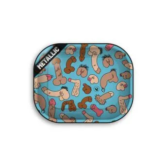 Metal rolling tray Dick Pattern by Fire-Flow, 140 x 180 mm, light blue metallic print with cartoon willies