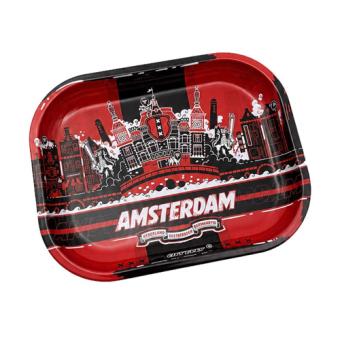 Metal rolling tray with Amsterdam City design in red, black and white, 18 by 14 cm