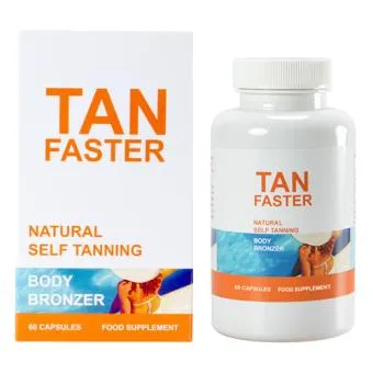 Tub of TanFaster beta-carotene capsules with vitamin E