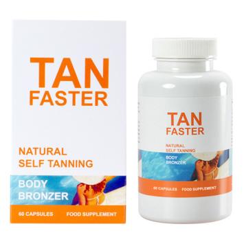 Tub of TanFaster beta-carotene capsules with vitamin E