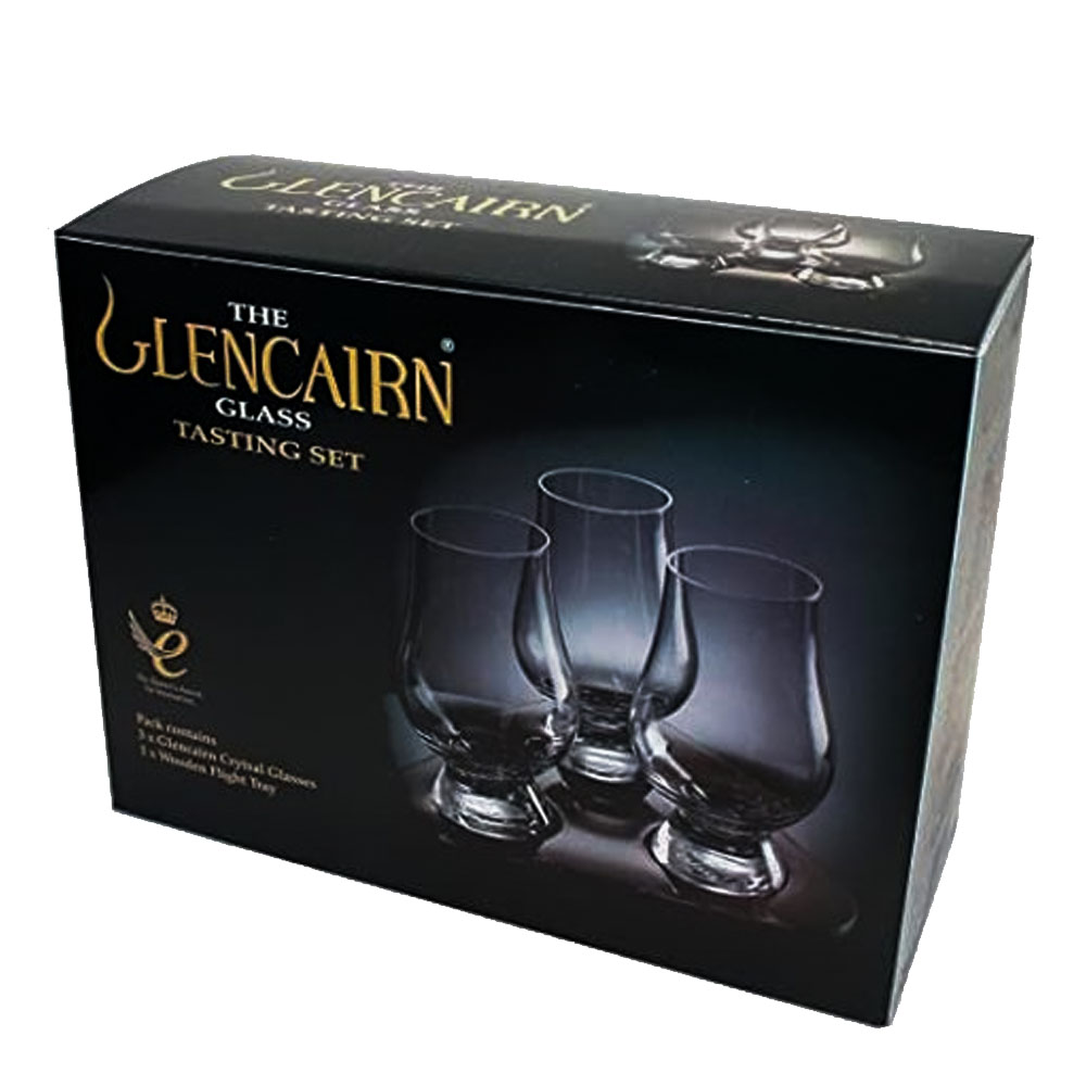 Tastingset op Luxe houten display - 3 Glencairn glazen