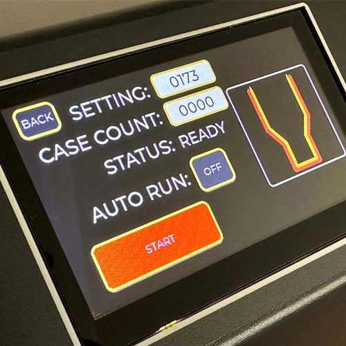 AMP Mark II DB touchscreen showing setting, case count and status