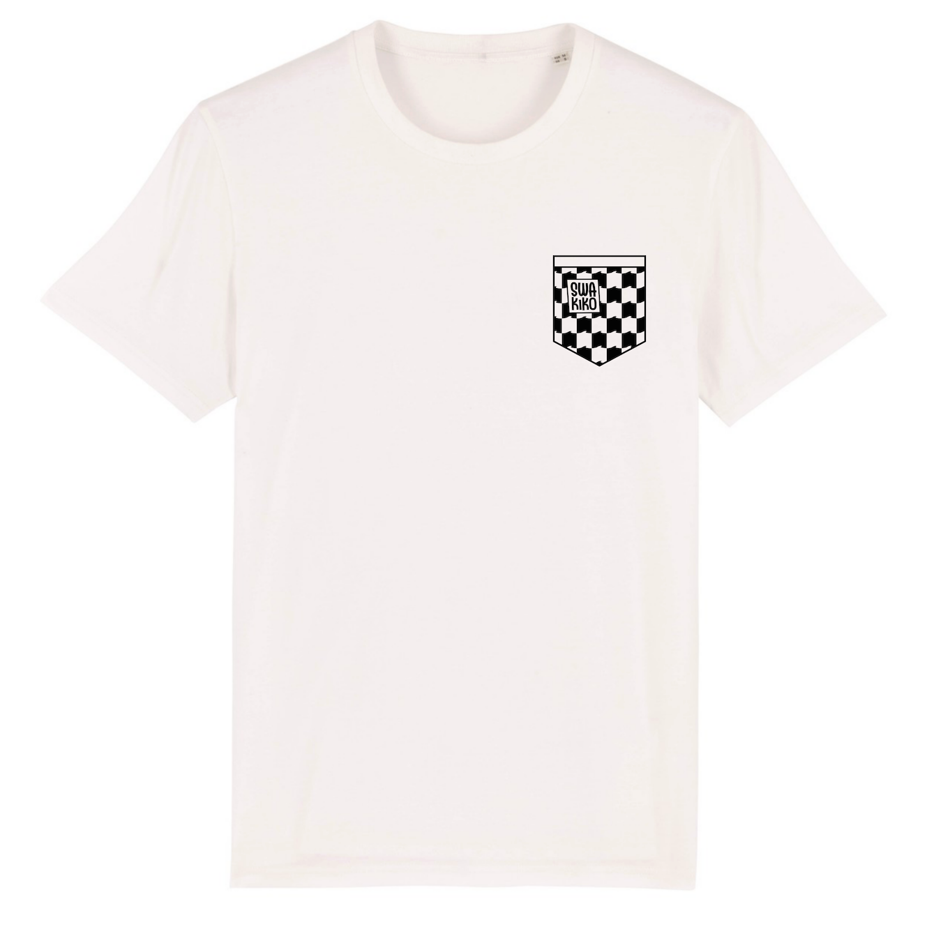 Wit T-shirt met Swakiko logo in zwart/wit geblokt borstzakje 