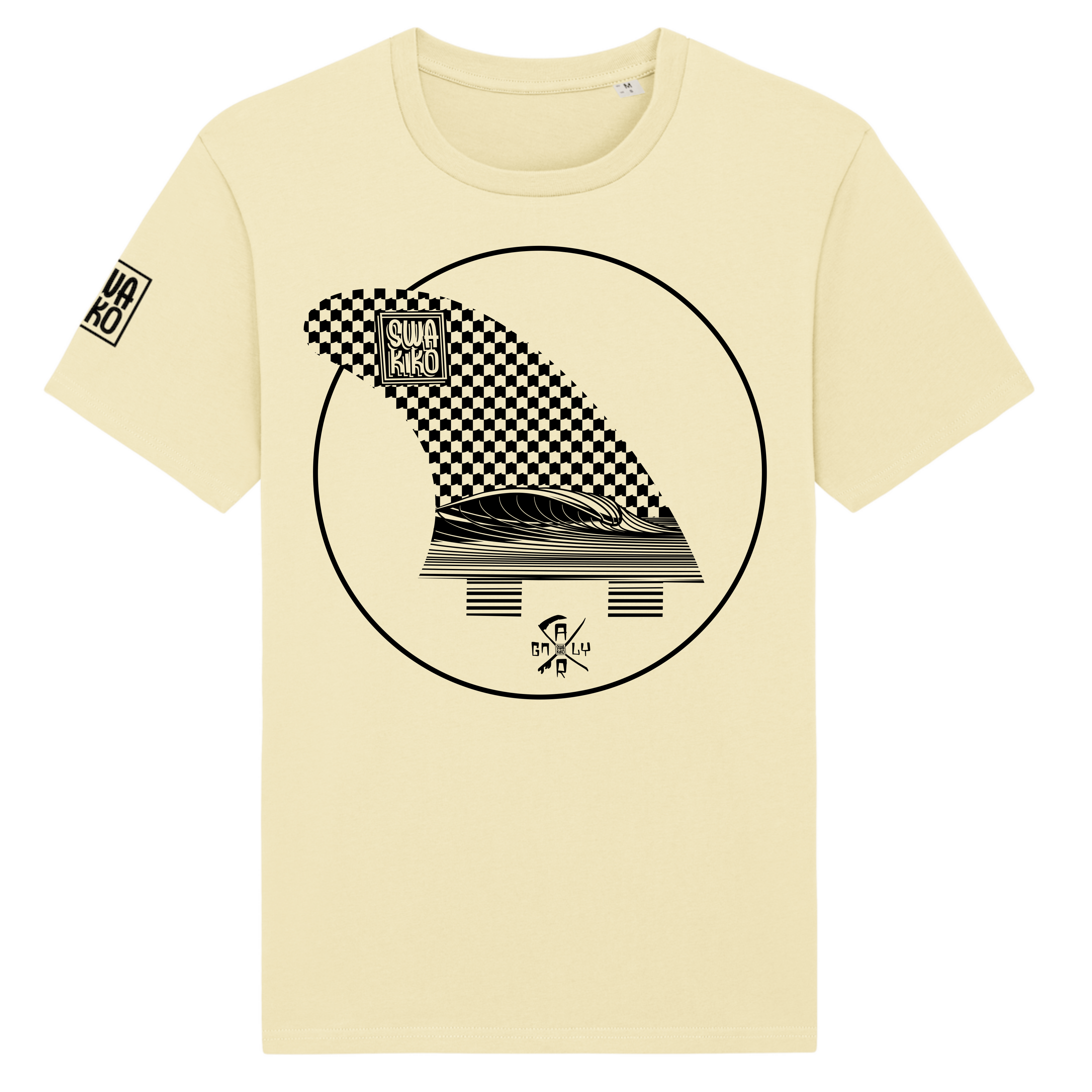 Geel T-shirt met geblokt design en mooie golf in een surfboard fin 