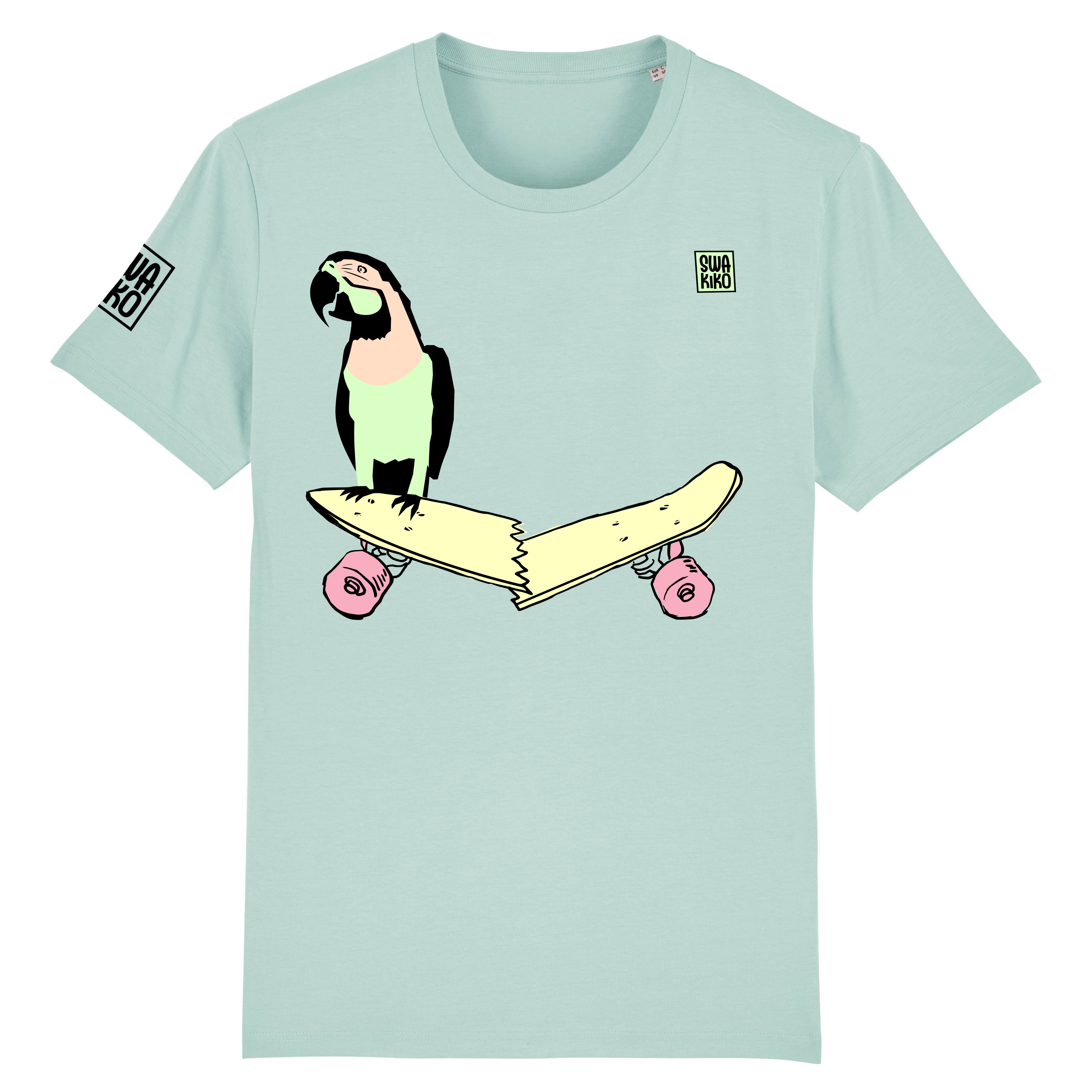 Skate T-shirt, parrot on skateboard, men, blue