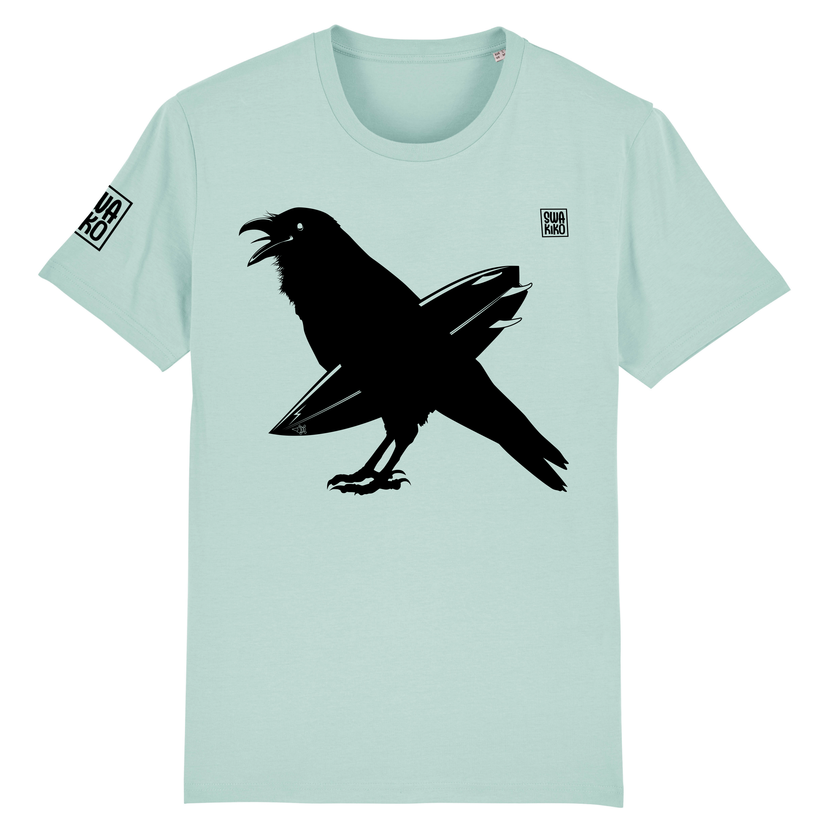 Turquoise T-shirt met zwarte kraai en surfboard onder zijn vleugel