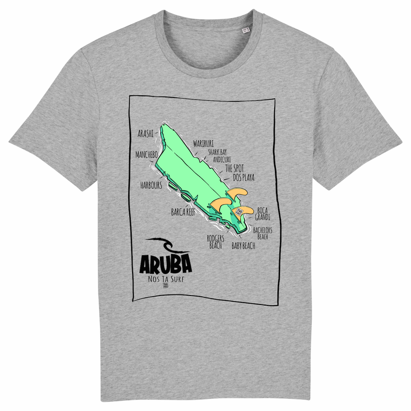 Grijs T-shirt met een design van Aruba als beschadigd surfboard en de namen van stranden en surf spots. 