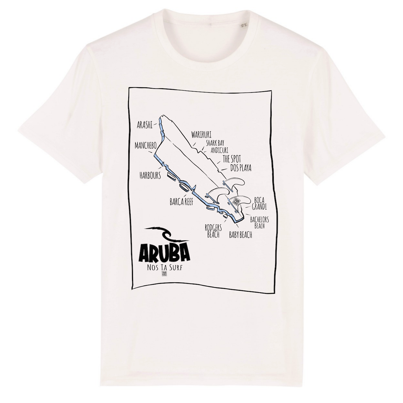 Wit T-shirt met zeer origineel design van Aruba als surfboard