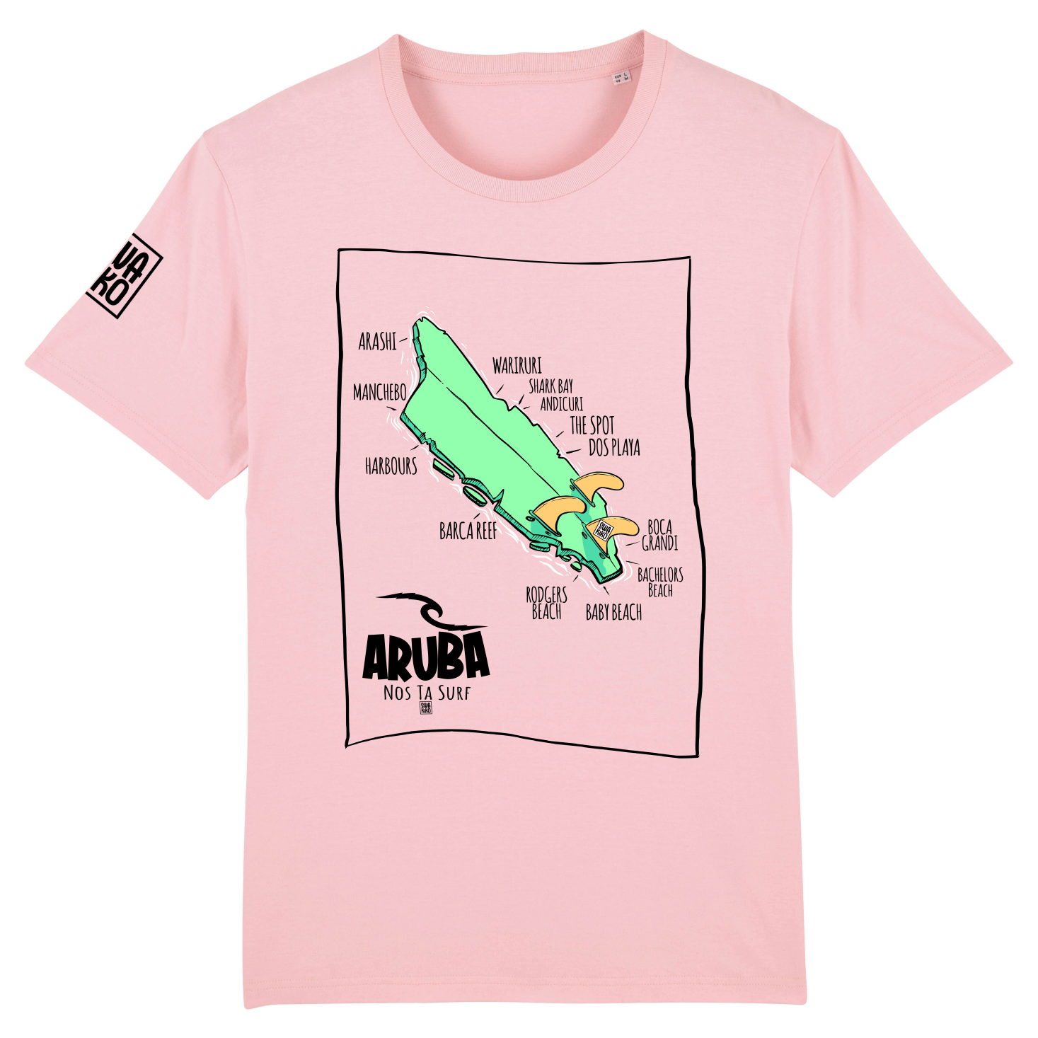 Roze T-shirt met een design van Aruba als beschadigd surfboard en de namen van stranden en surf spots. 