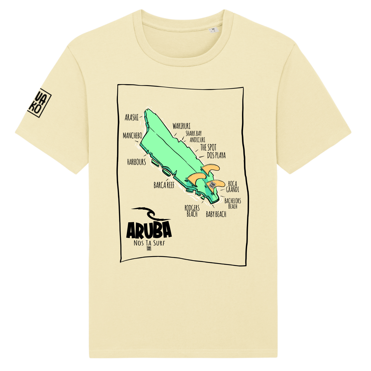 Geel T-shirt met een design van Aruba als beschadigd surfboard en de namen van stranden en surf spots. 