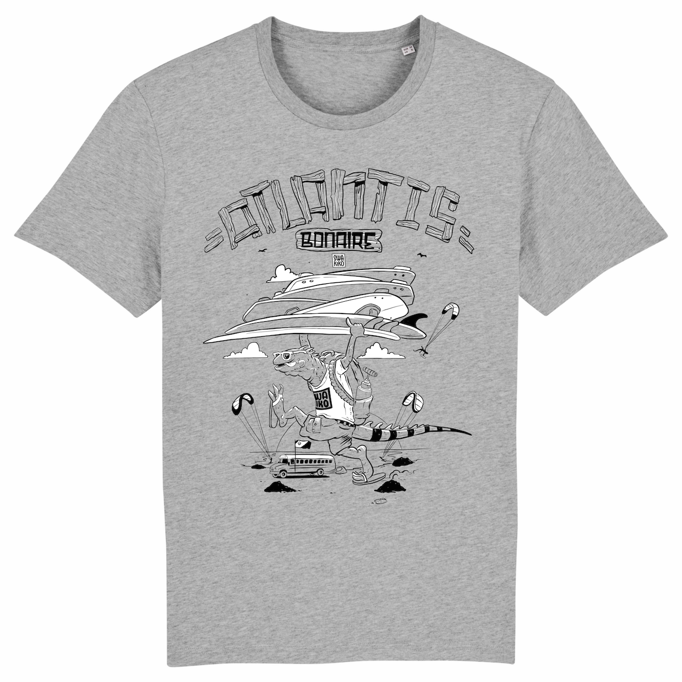 Grijs Bonaire Kitesurf T-shirt met een leguaan die met een stapel kiteboards op Atlantis kitebeach loopt