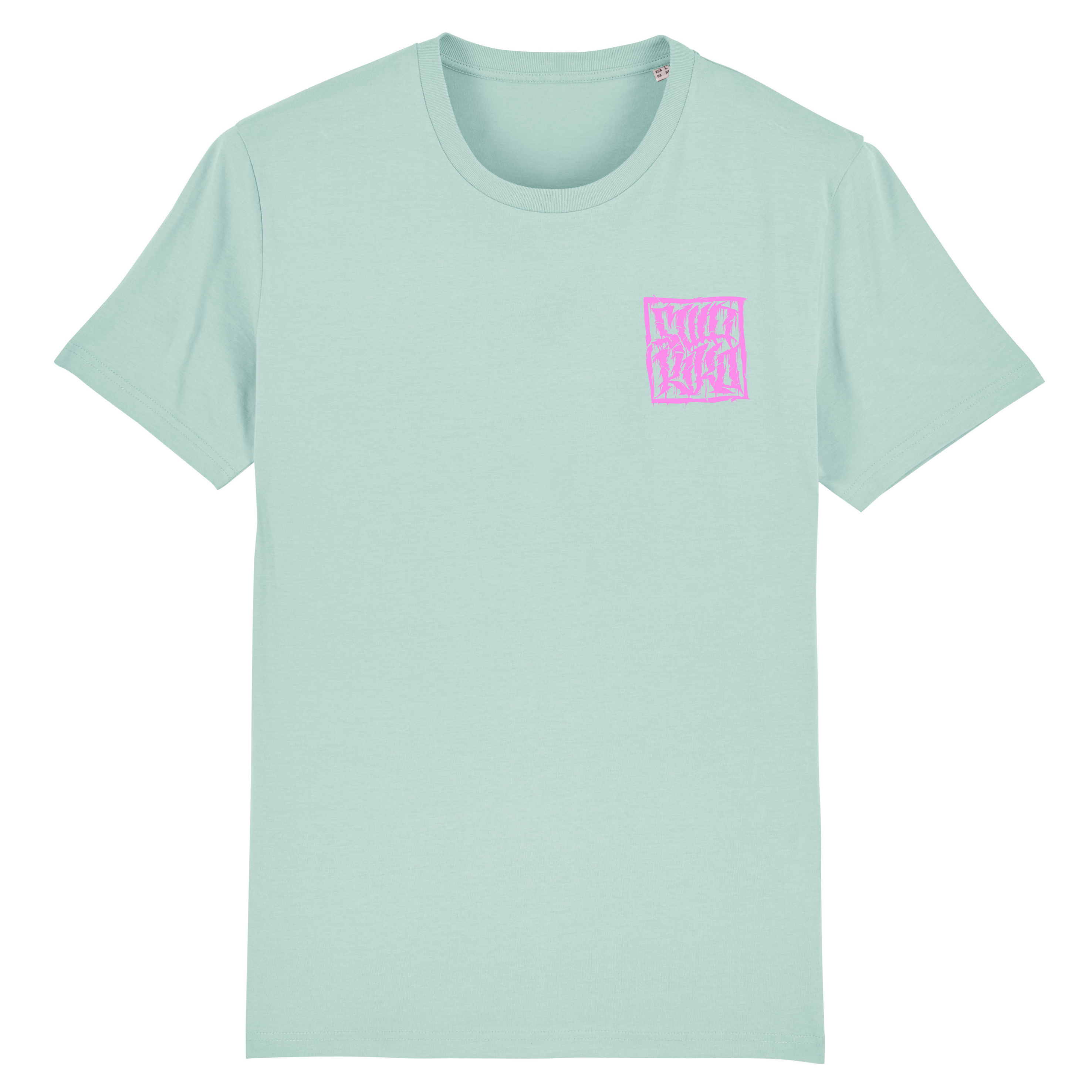 Voorkant van een turquoise T-shirt met roze SWAKiKO logo