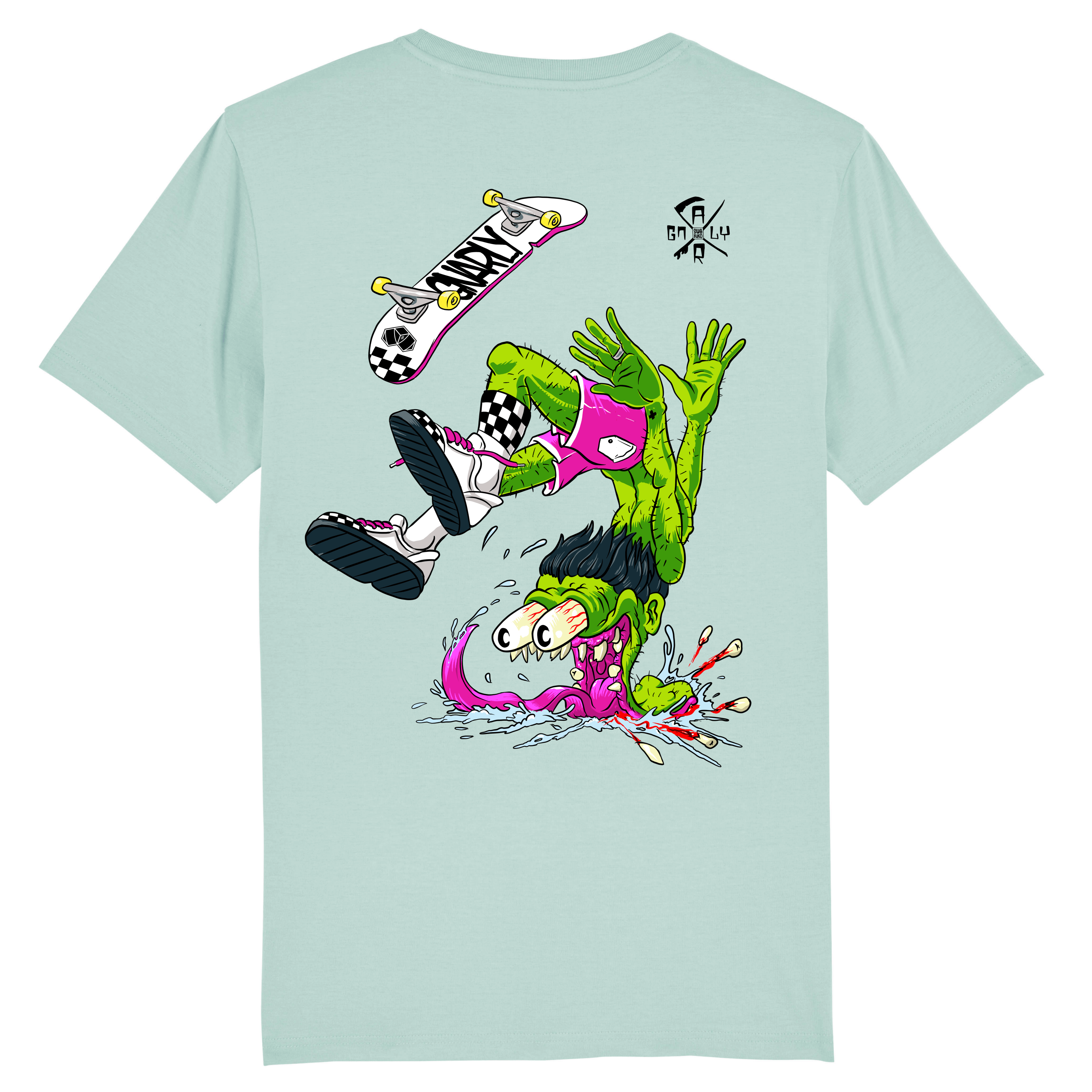 Turquoise skate t-shirt met een skater die een Big Flip doet en hard valt 