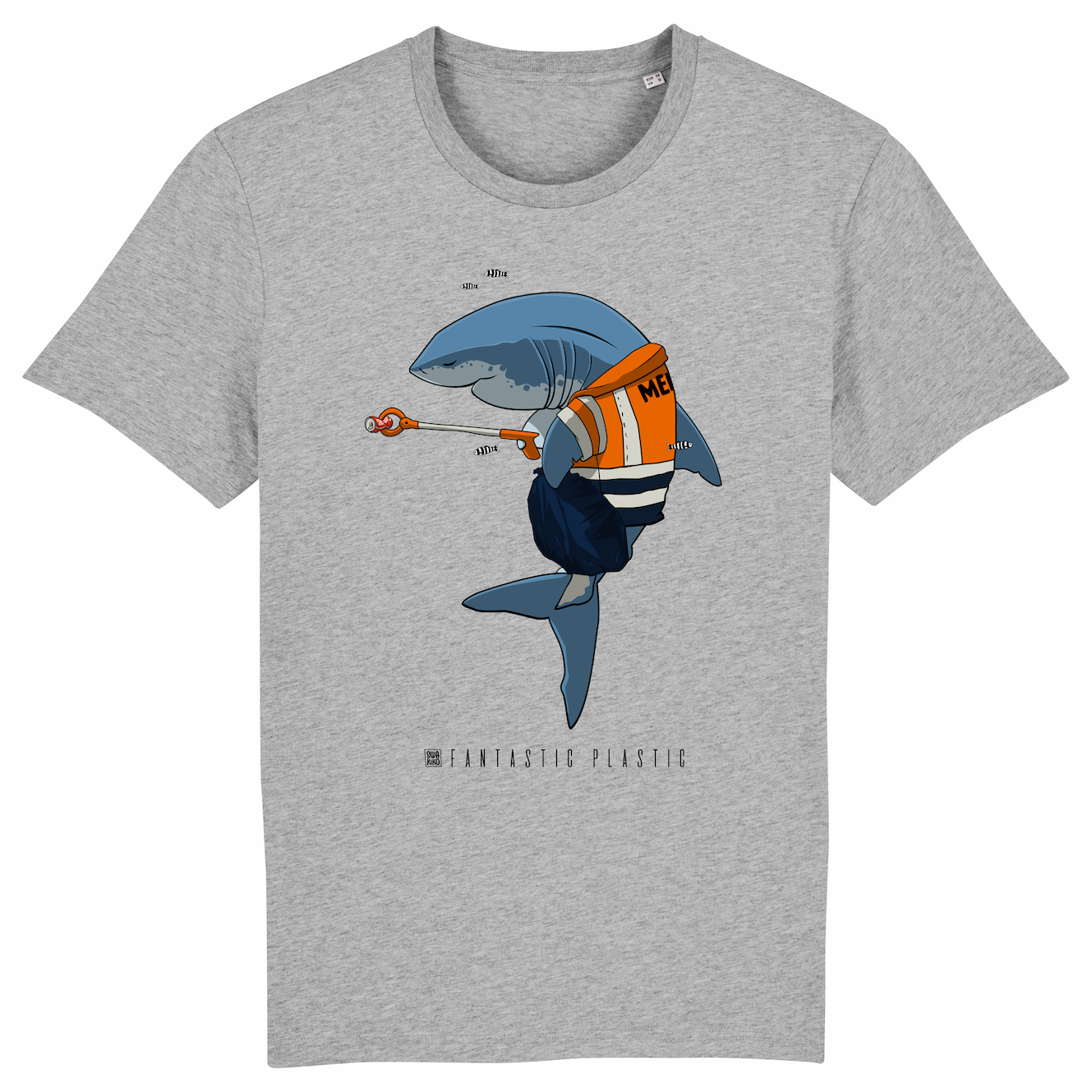 Grijs T-shirt met design van een haai die de zee schoonmaakt met een knijpstok: Cleaning Shark