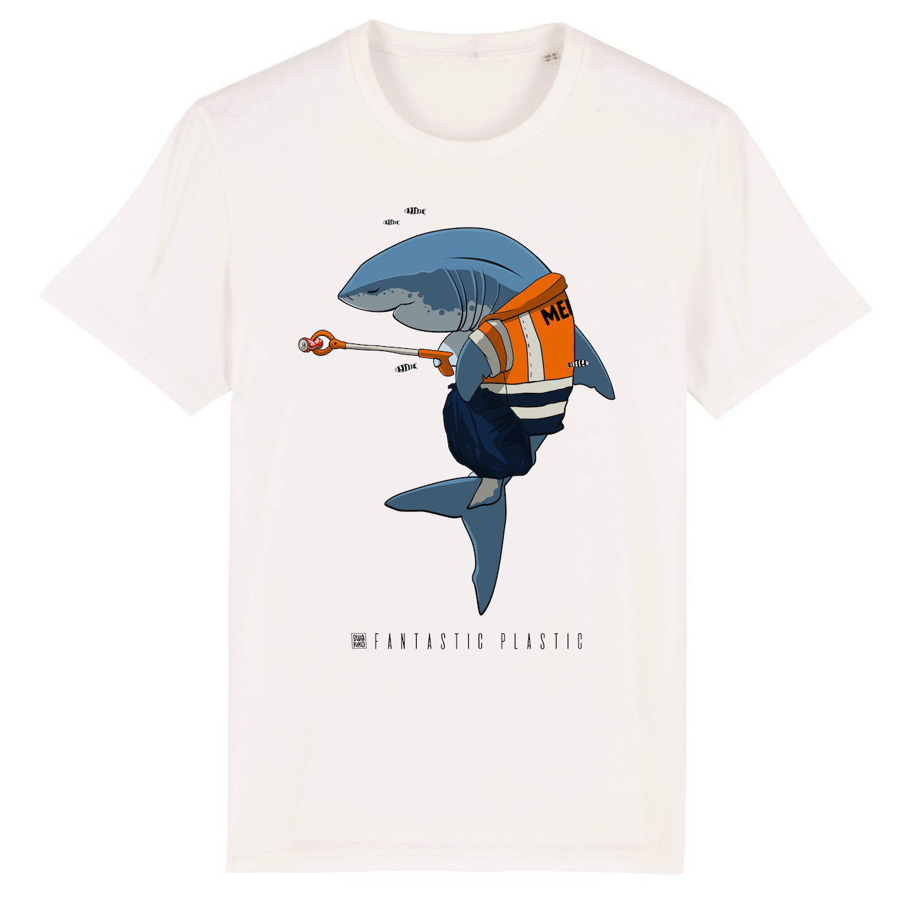 Wit T-shirt met design van een haai die de zee schoonmaakt met een knijpstok: Cleaning Shark