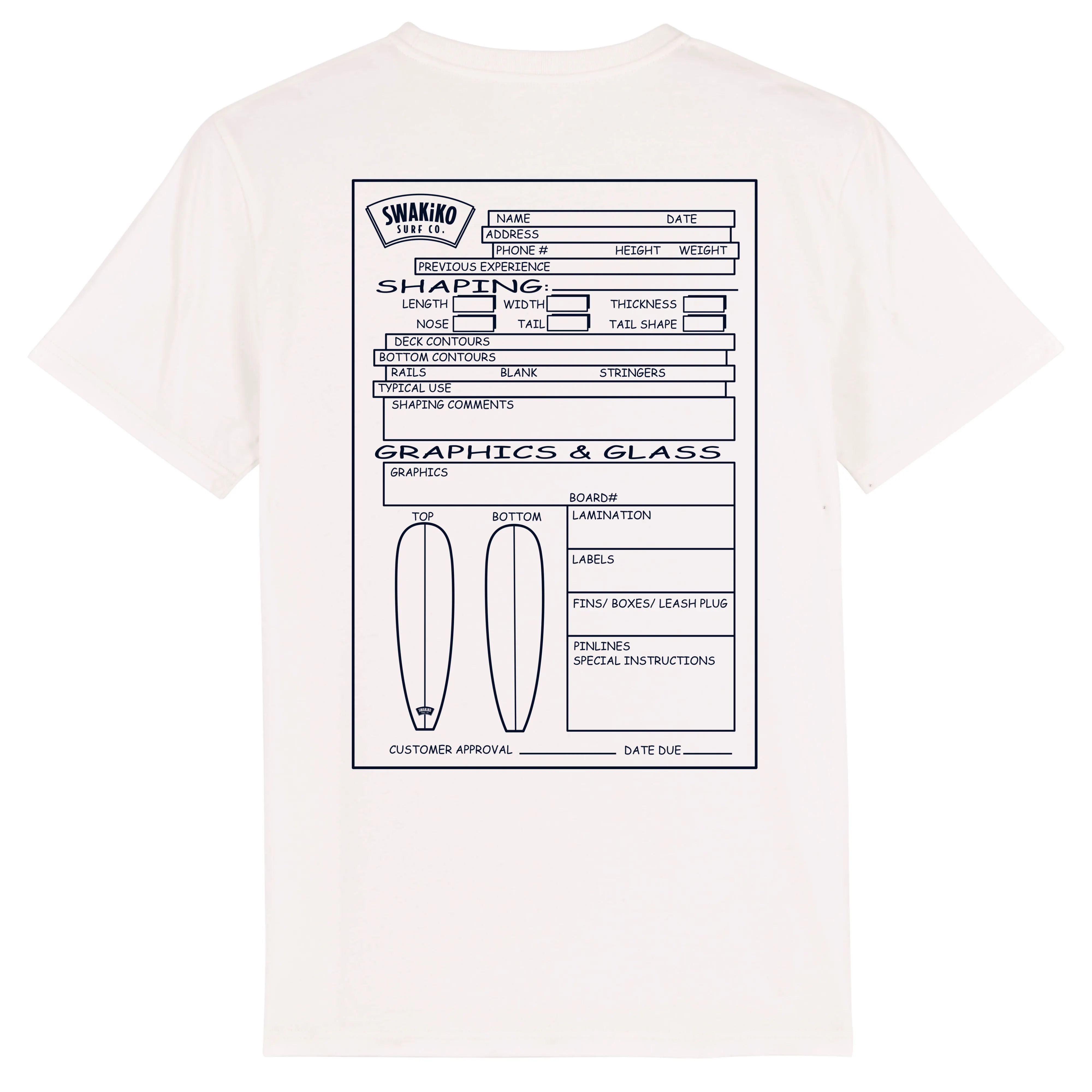 Classic Surf T shirt with the form for a custom surfboard