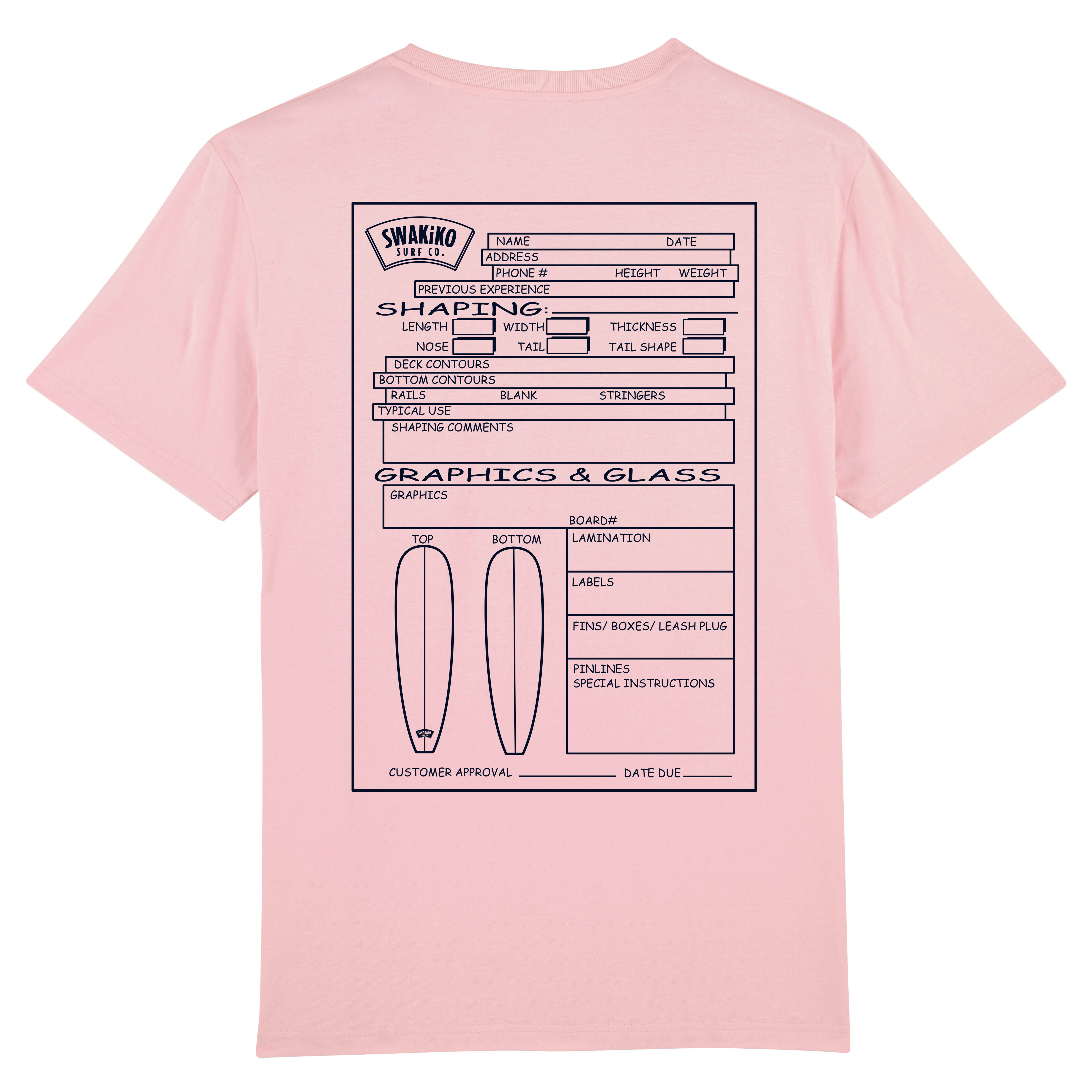 Roze T-shirt met artwork van een invulformulier voor het maken van een Custom Surfboard