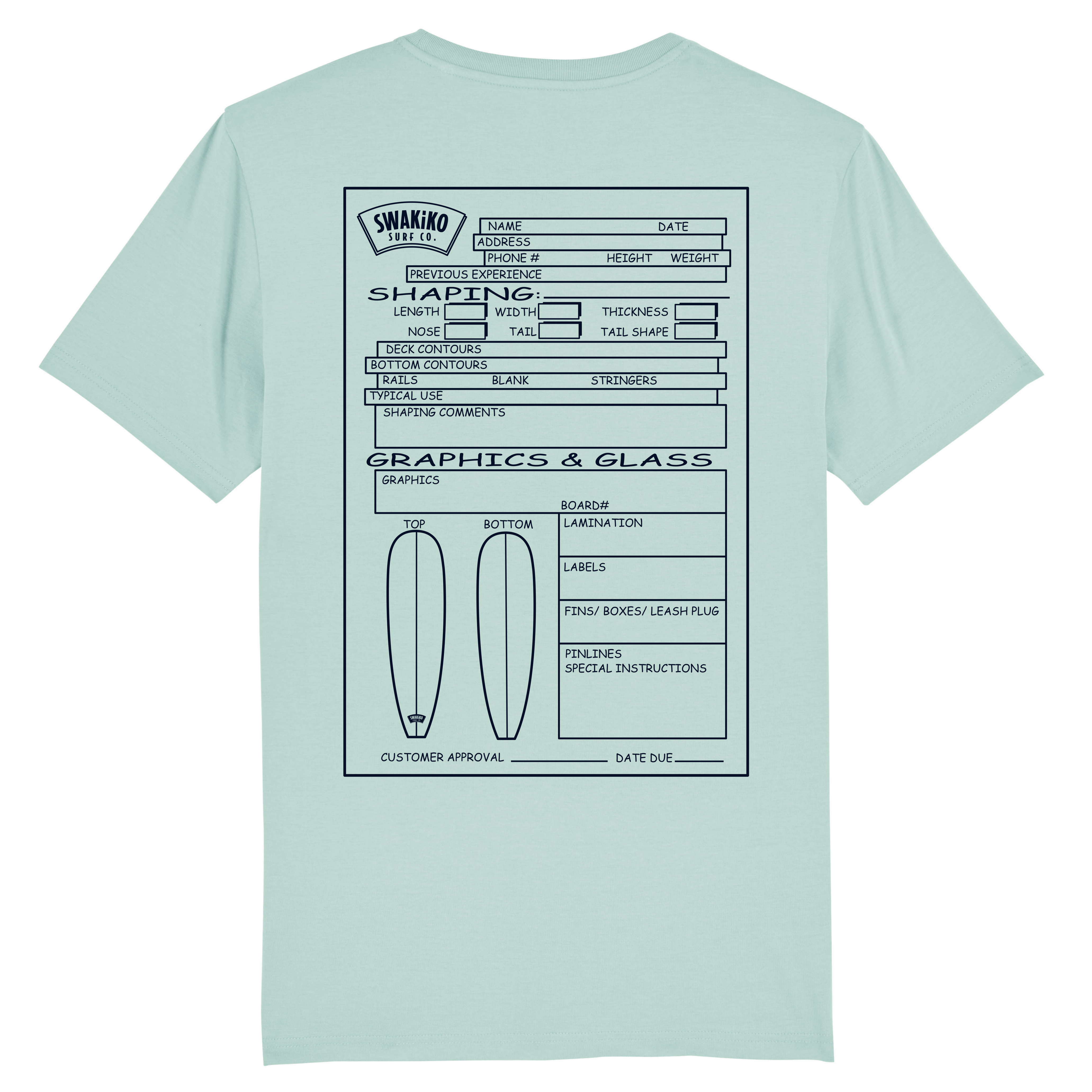 Turquoise T-shirt met artwork van een invulformulier voor het maken van een Custom Surfboard