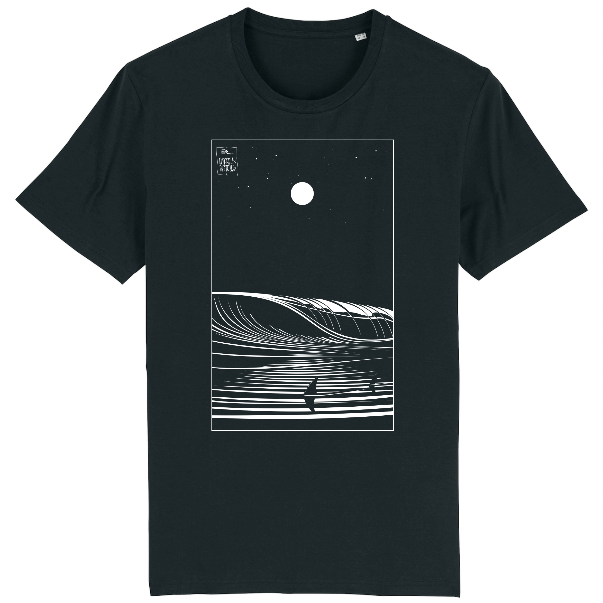 Zwart T-shirt met prachtig wit design van twee haaien in een golf bij volle maan