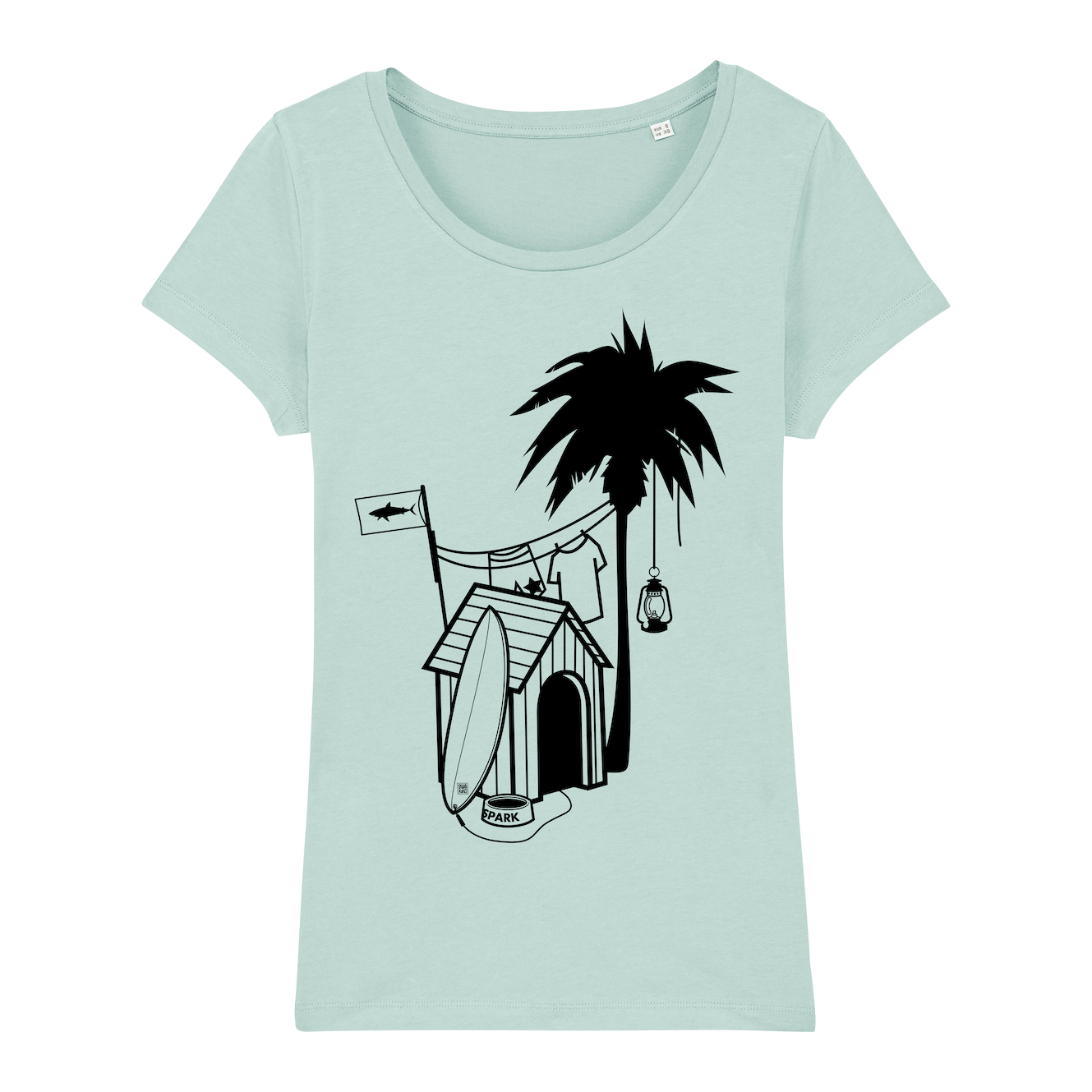 Surf T-shirt, doghouse palm tree, women, caribbean blue