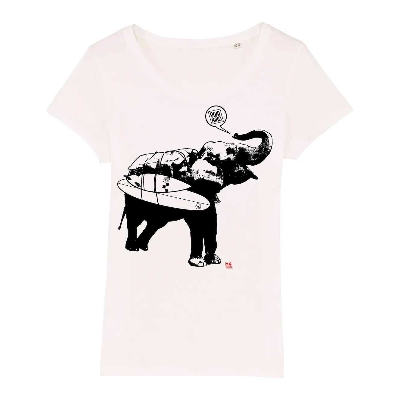 T Shirt Surf design dames Olifant met surfboard SWAKIKO
