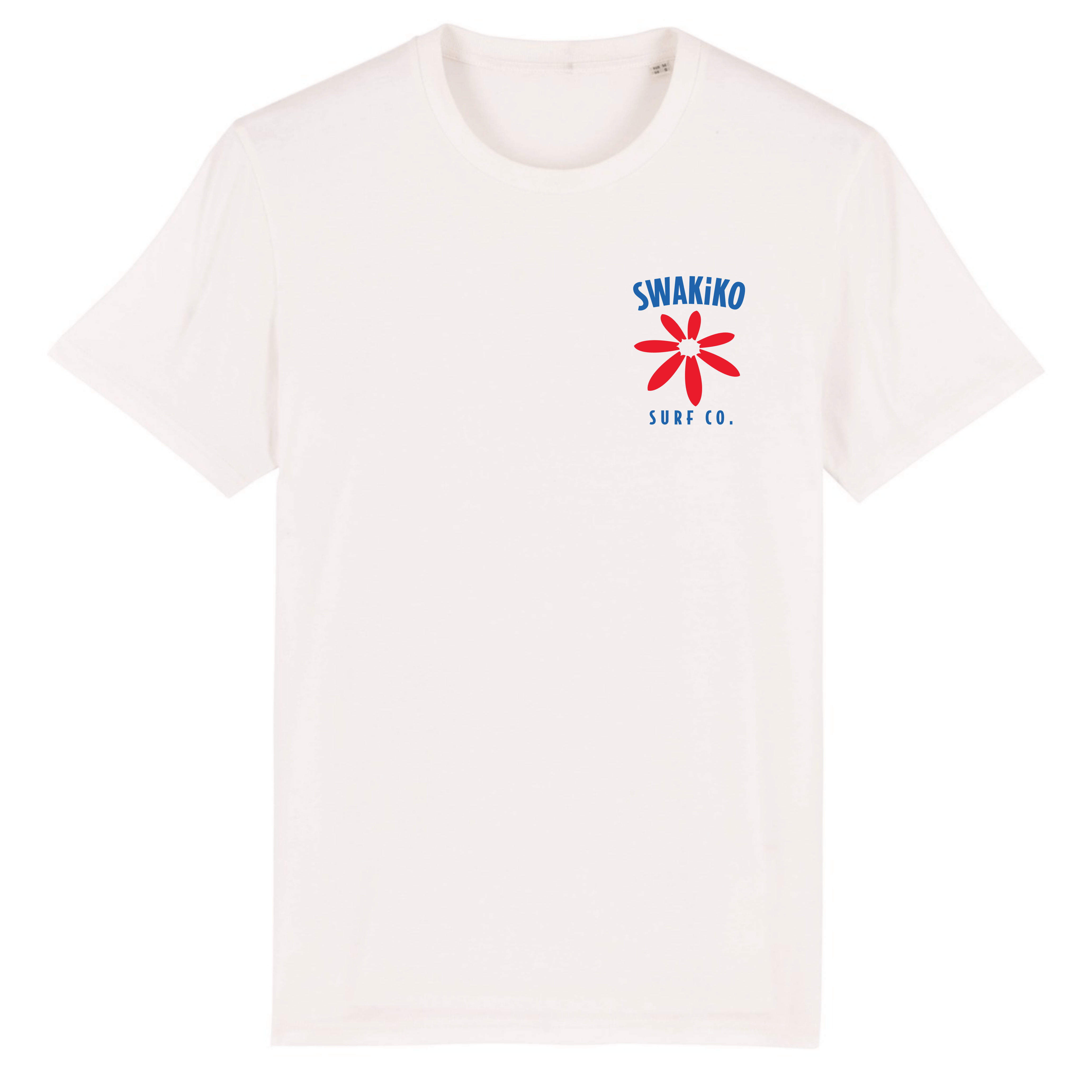 Offwhite surf T-shirt met op de borst het SWAKiKO logo en een bloem bestaand uit surfboards