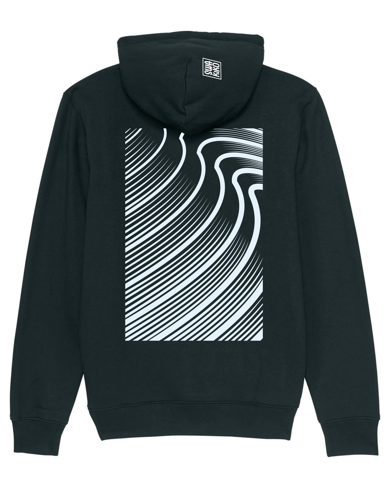 Zwarte hoodie met een artistieke, abstract artwork van golven 