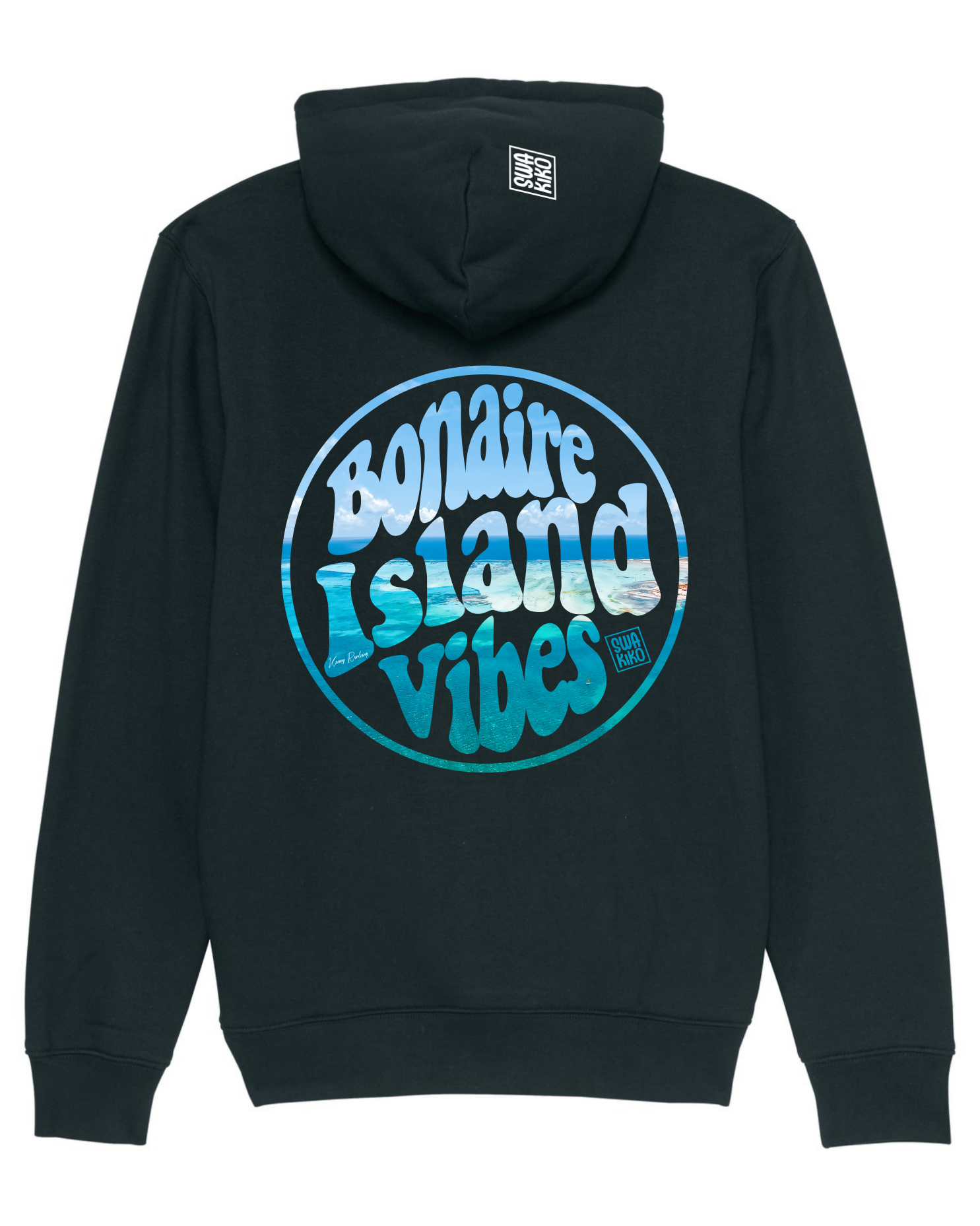 Zwarte Bonaire Island Vibes hoodie - met schitterend droneshot van het eiland. Ontdek het paradijselijke gevoel!
