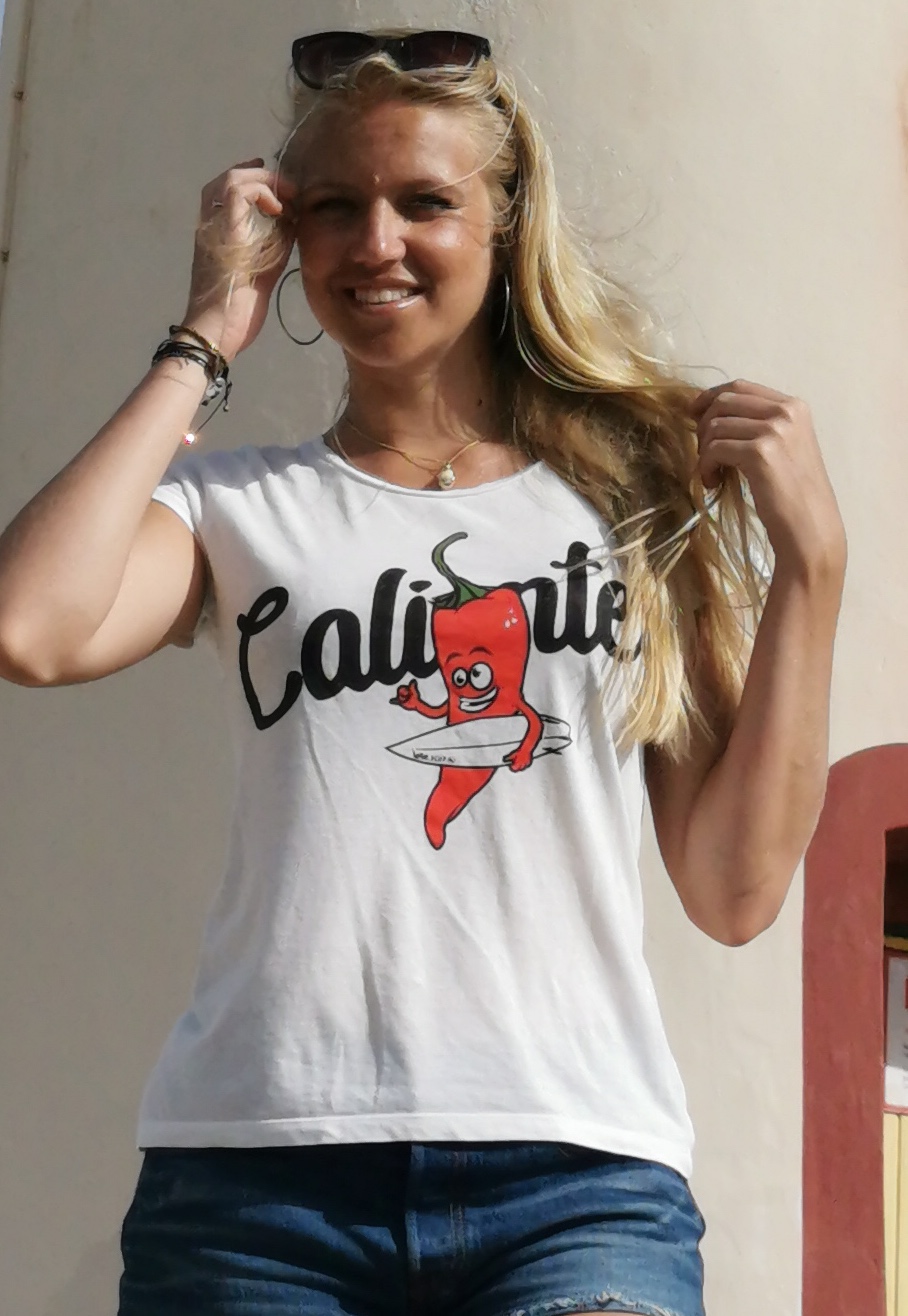 Model stoked chili pepper surfing T-shirt