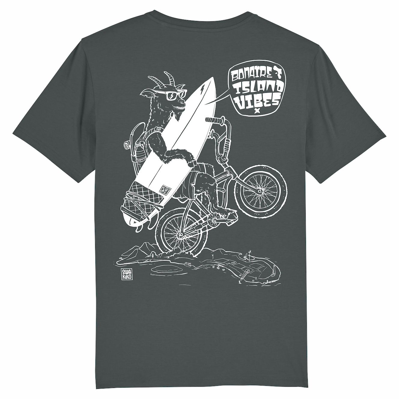 Antraciet T-shirt met wit design van een geit die op een wiel over Bonaire fietst met een surfboard in de hand en skateboard