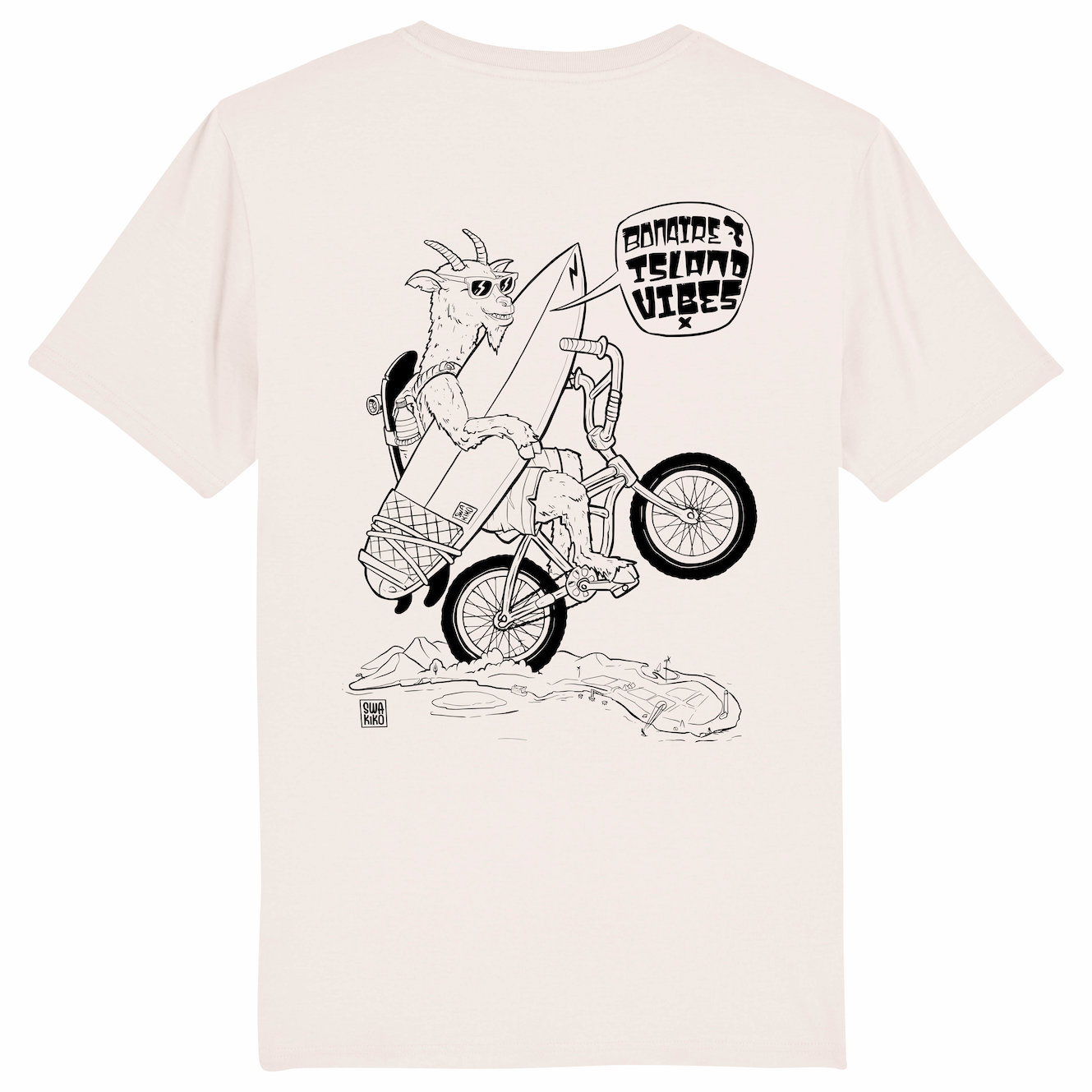 Offwhite Bonaire Island Vibes T-shirt met geit die op z\'n achterwiel over Bonaire fietst met een surfboard in de hand en ska