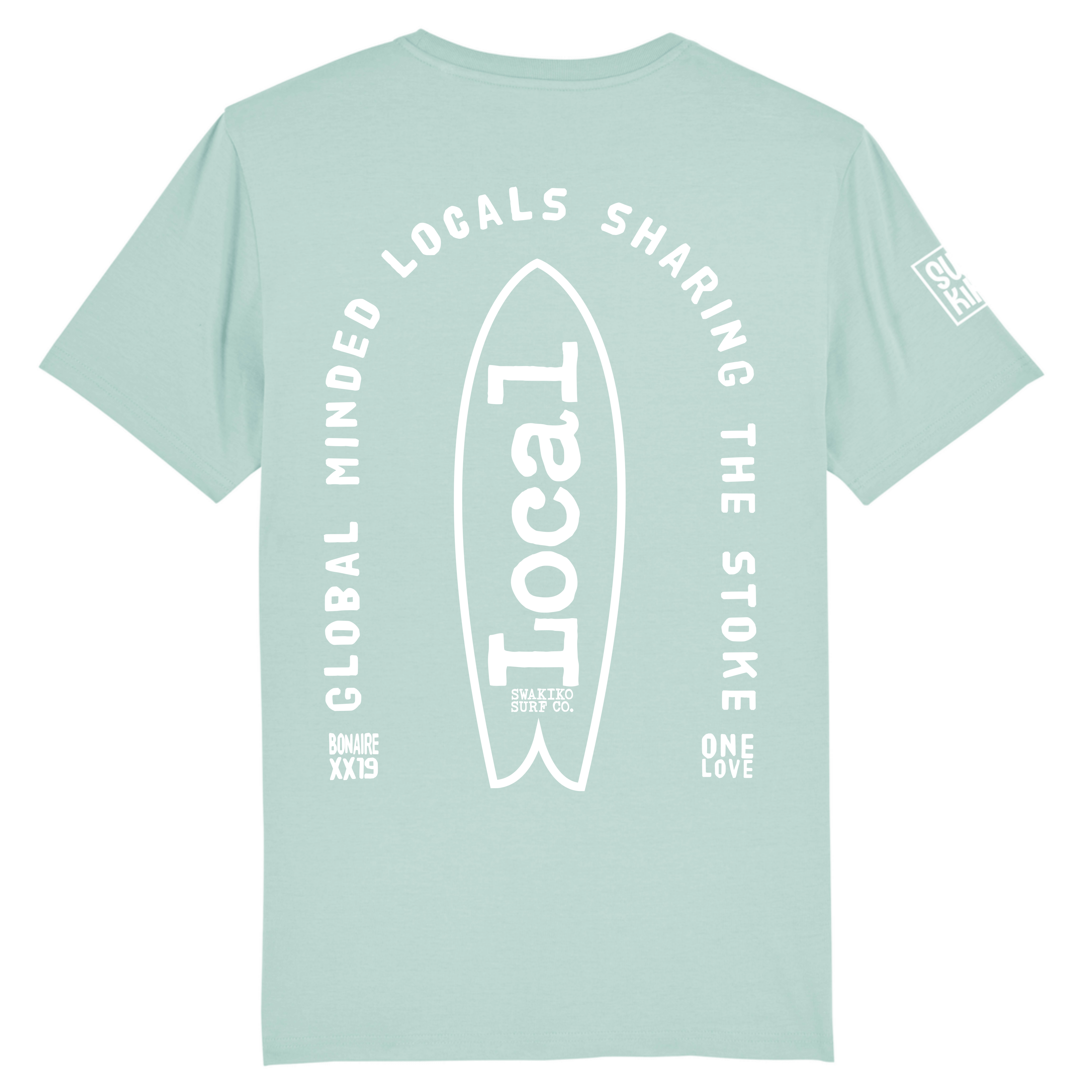 Turquoise T-shirt met surfboard en de spreuk: Global Minded Locals Sharing the Stoke