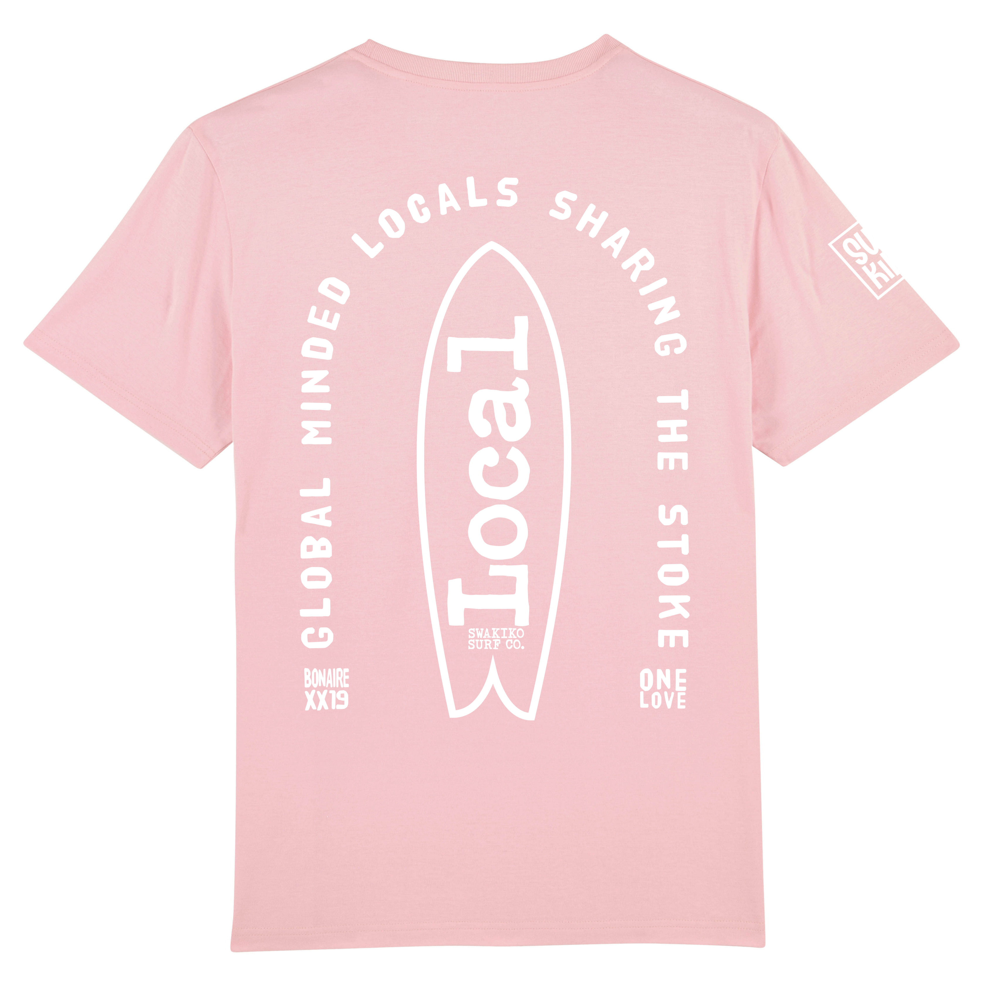 Roze T-shirt met surfboard en de spreuk: Global Minded Locals Sharing the Stoke