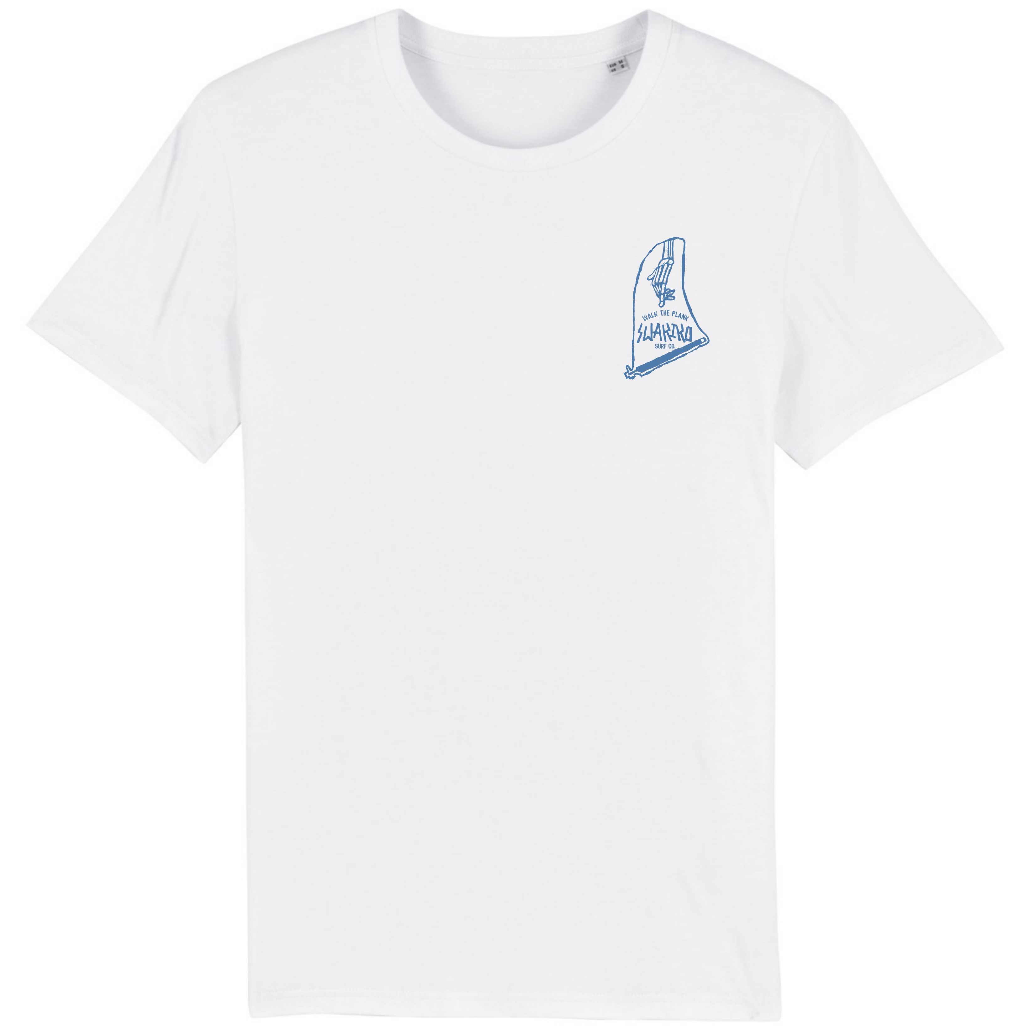 Wit T-shirt met blauwe borstprint van een fin met de tekst\' \'walk the plank\'