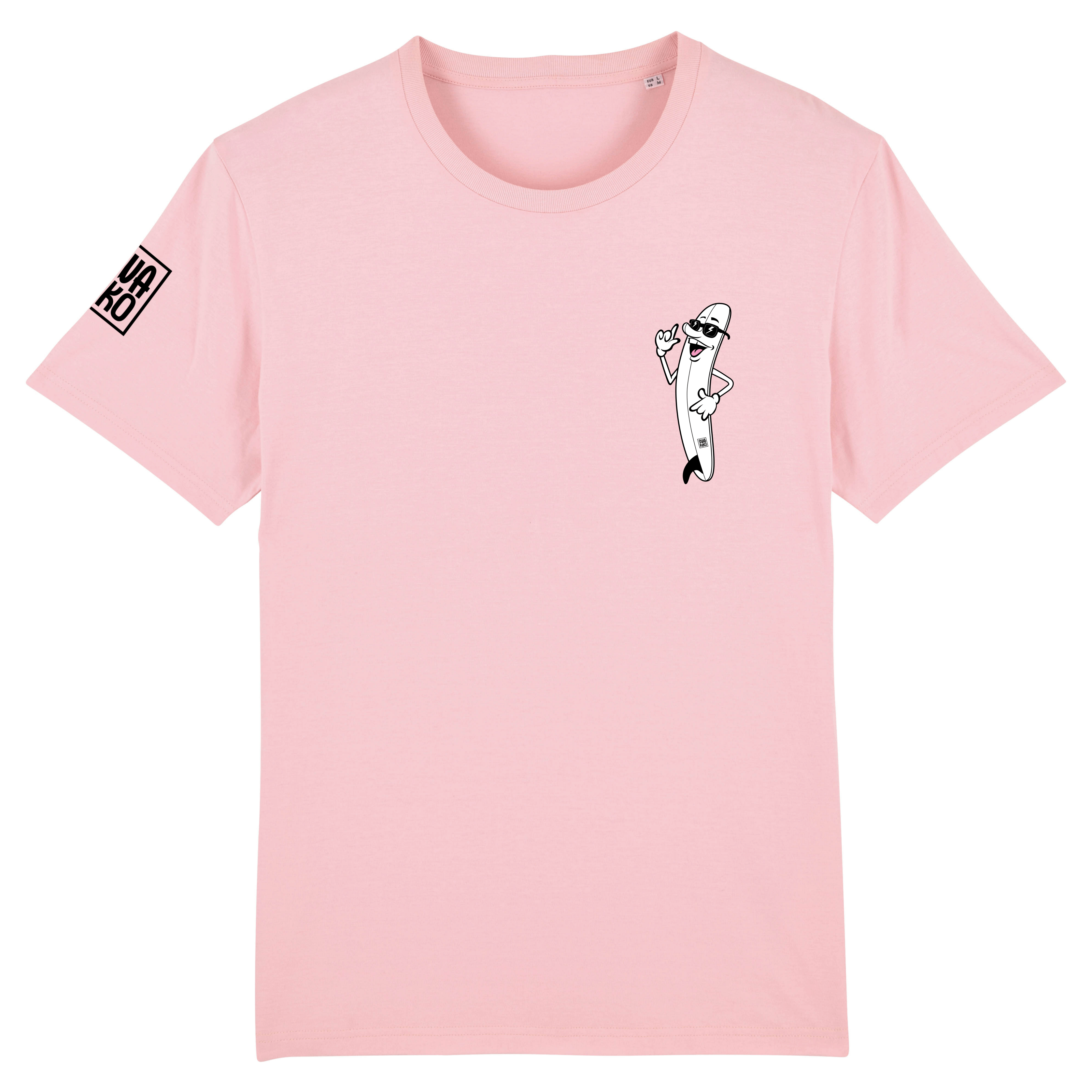 Voorkant van een roze T-shirt met op de borst een cartoon van een lachend Surfboard met SWAKiKO logo