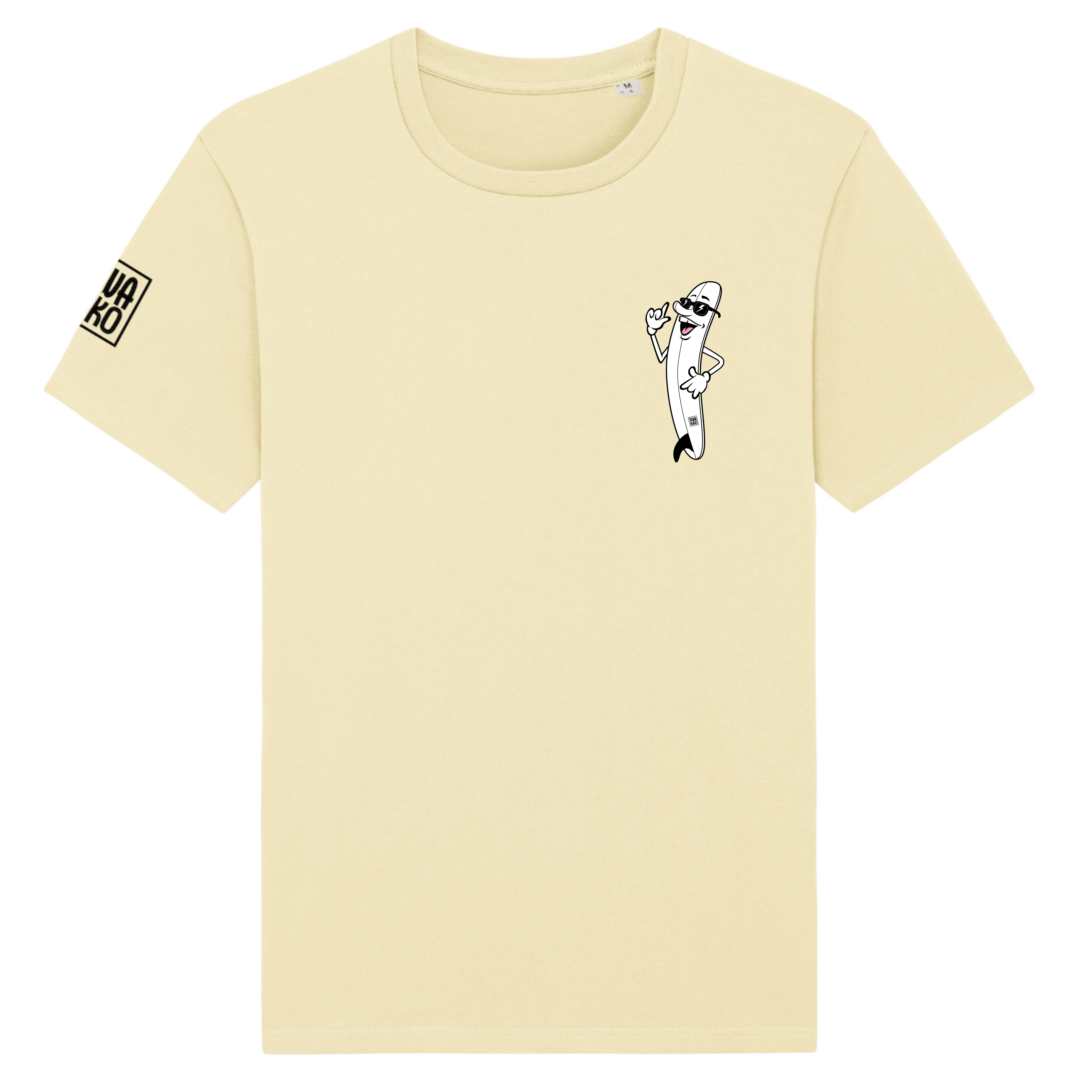 Voorkant van een geel T-shirt met op de borst een cartoon van een lachend Surfboard met SWAKiKO logo