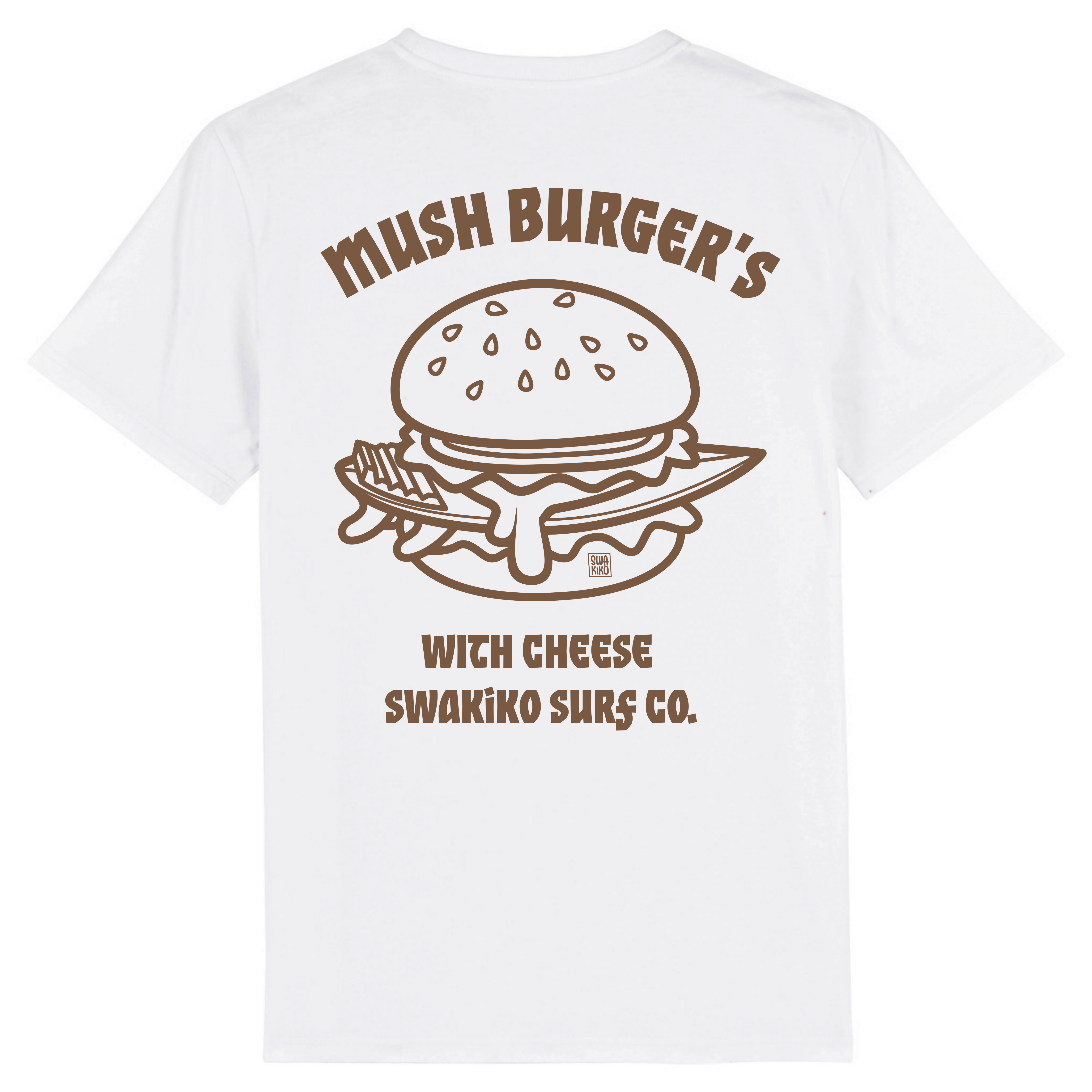 Wit T-shirt met heerlijk surfboard-hamburger design - Een smakelijke twist voor surfliefhebbers