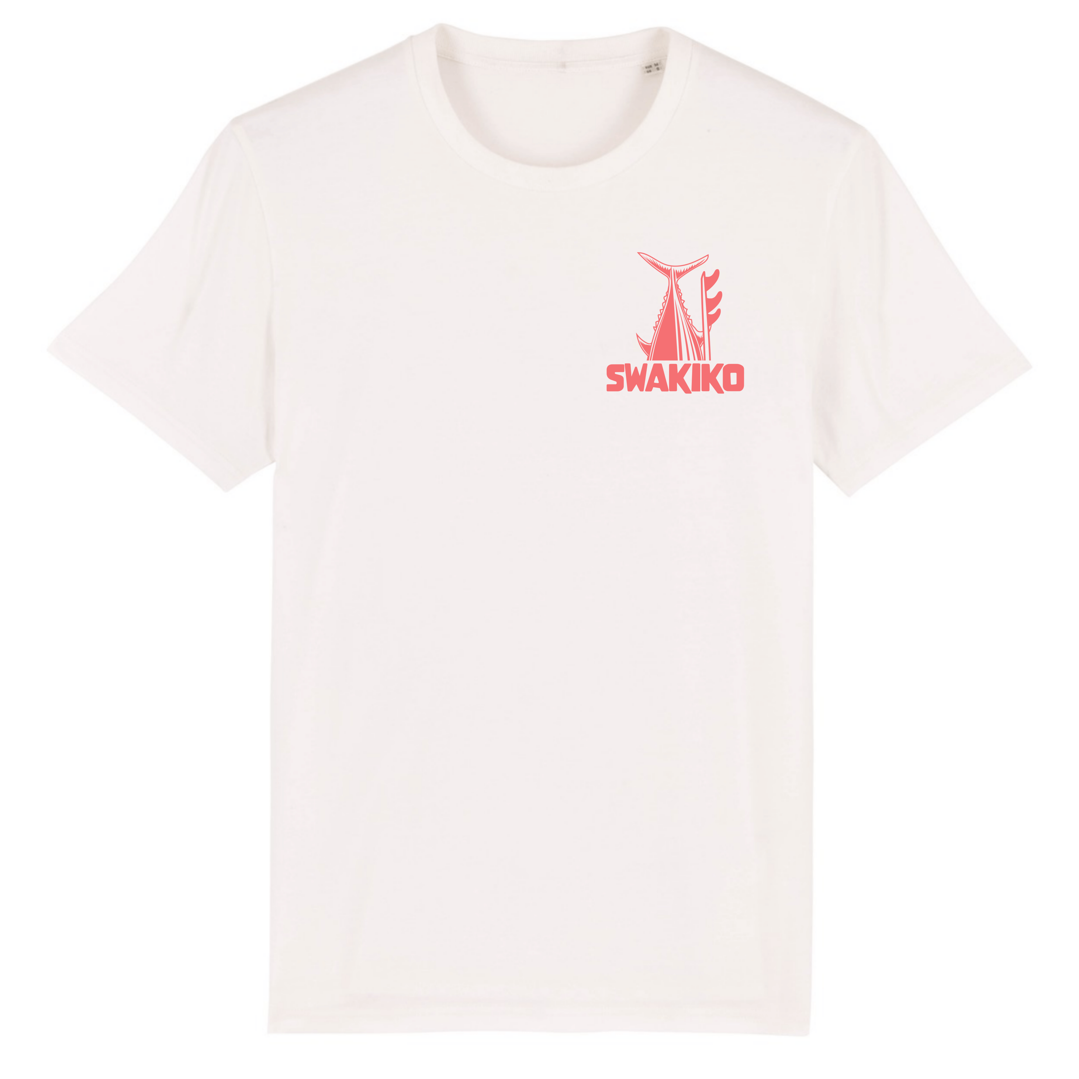 Voorkant van een Wit surf T-shirt met het Swakiko borstlogo en de staart van een tonijn en surfboard