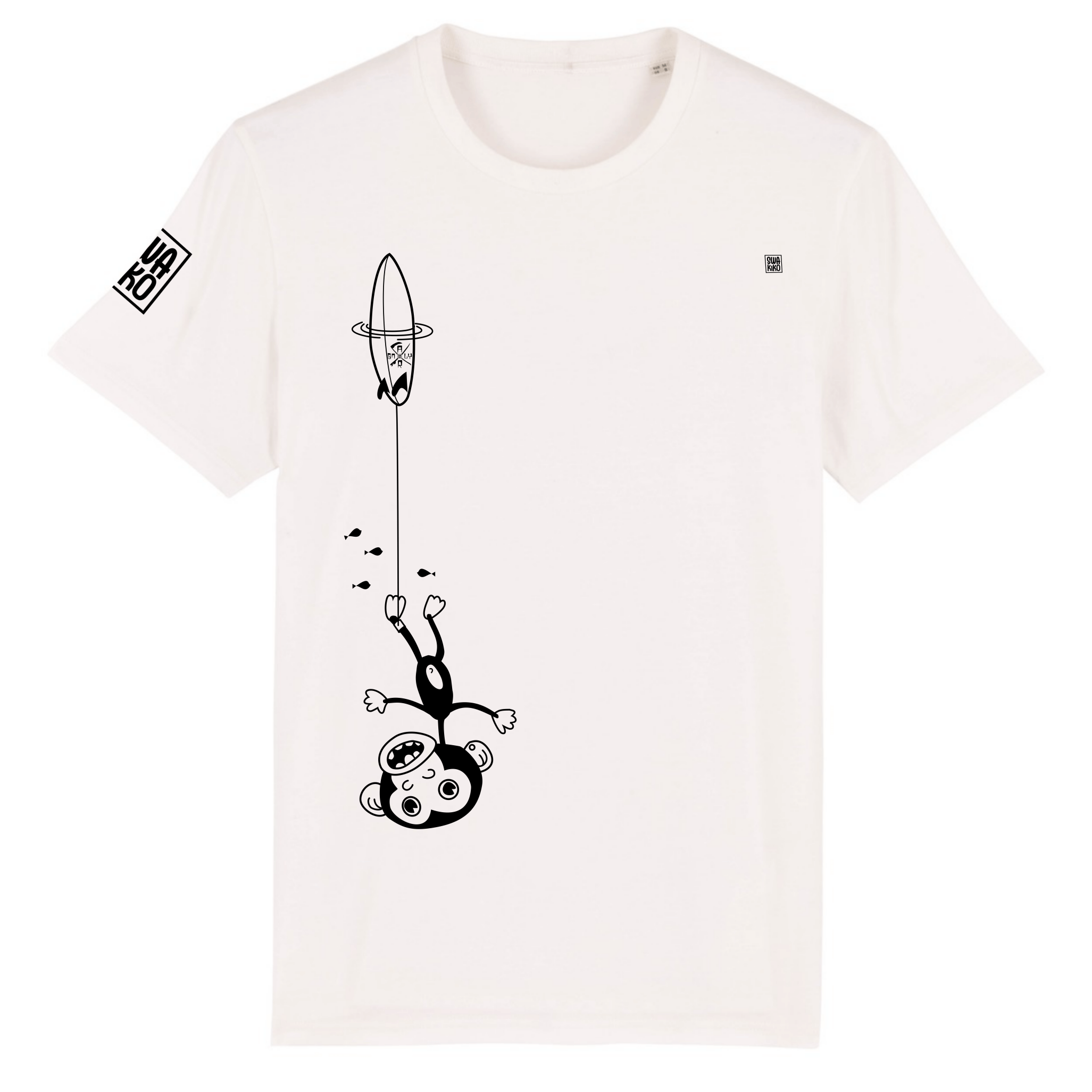 Grappig wit surf T-shirt: Ondersteboven hangende aap aan surfboard, gepakt door golf - Hilarisch design 