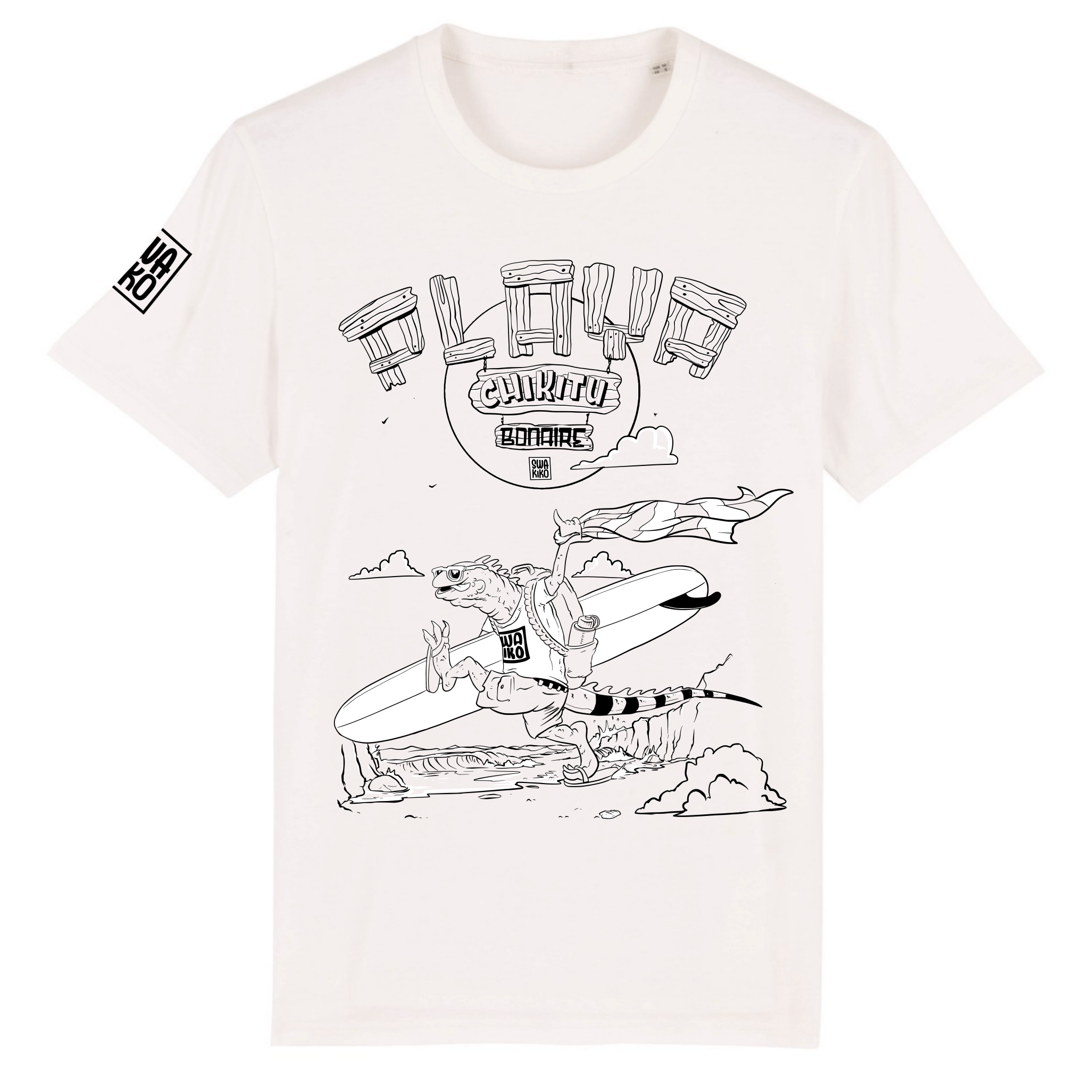 Offwhite Bonaire T-shirt: Cartoon van een leguaan die op Playa Chikitu met surfboard onder de arm naar zee rent - Speels desi
