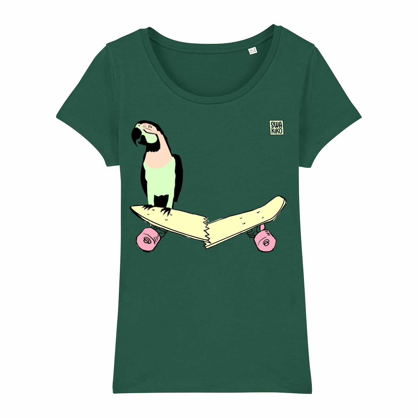 Skate T-shirt women, parrot on skateboard, green
