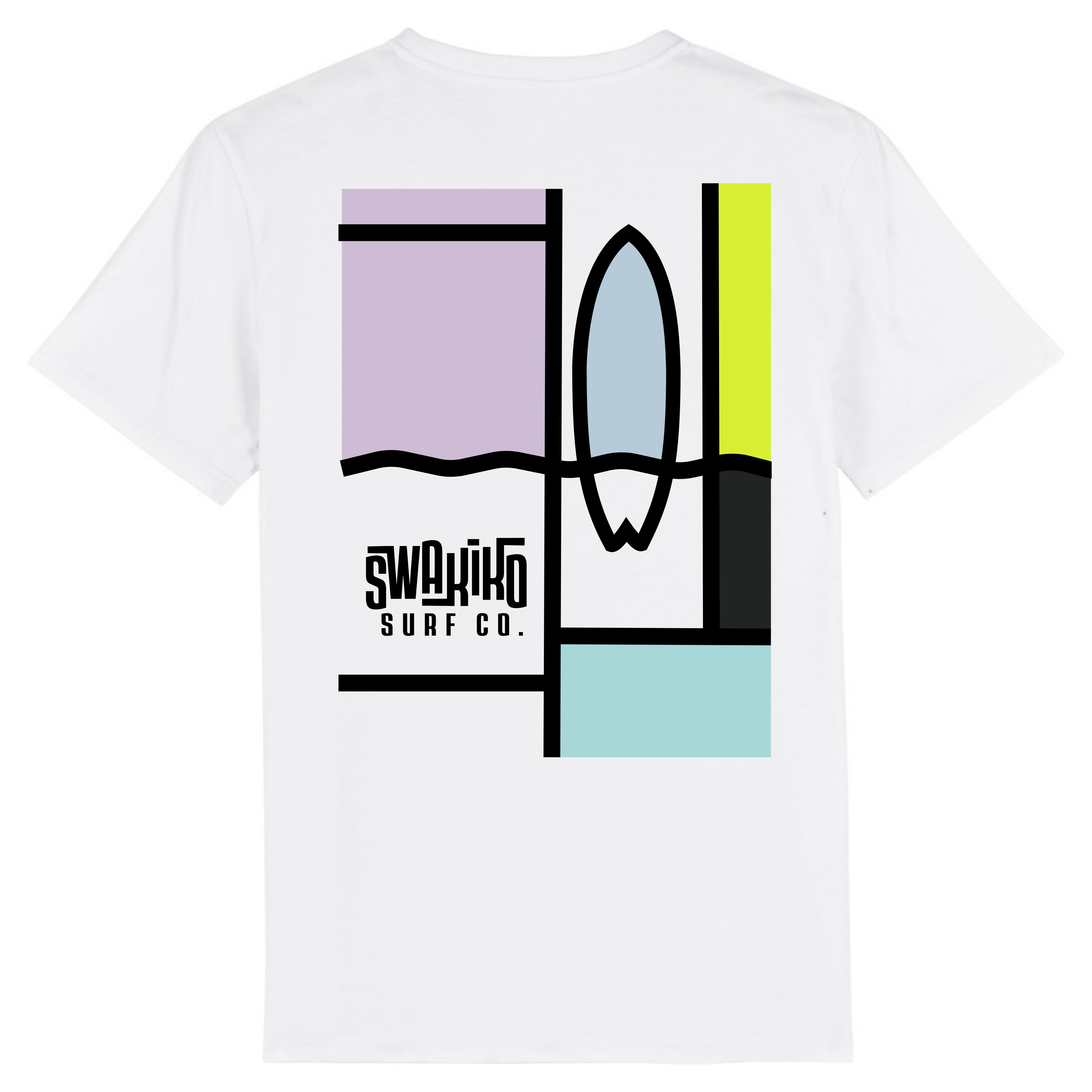 Wit T-shirt met een kleurrijk surf design geïnspireerd op de kunst van Piet Mondriaan