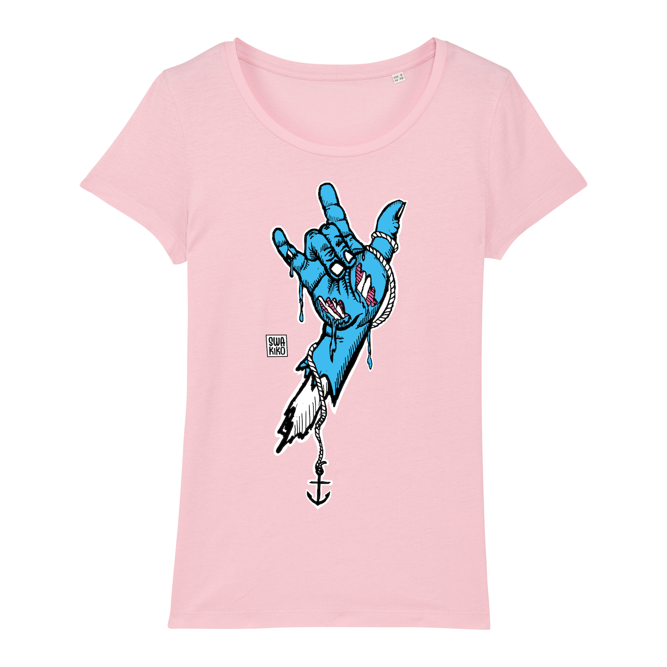Surf t-shirt women pink, rock hand blue