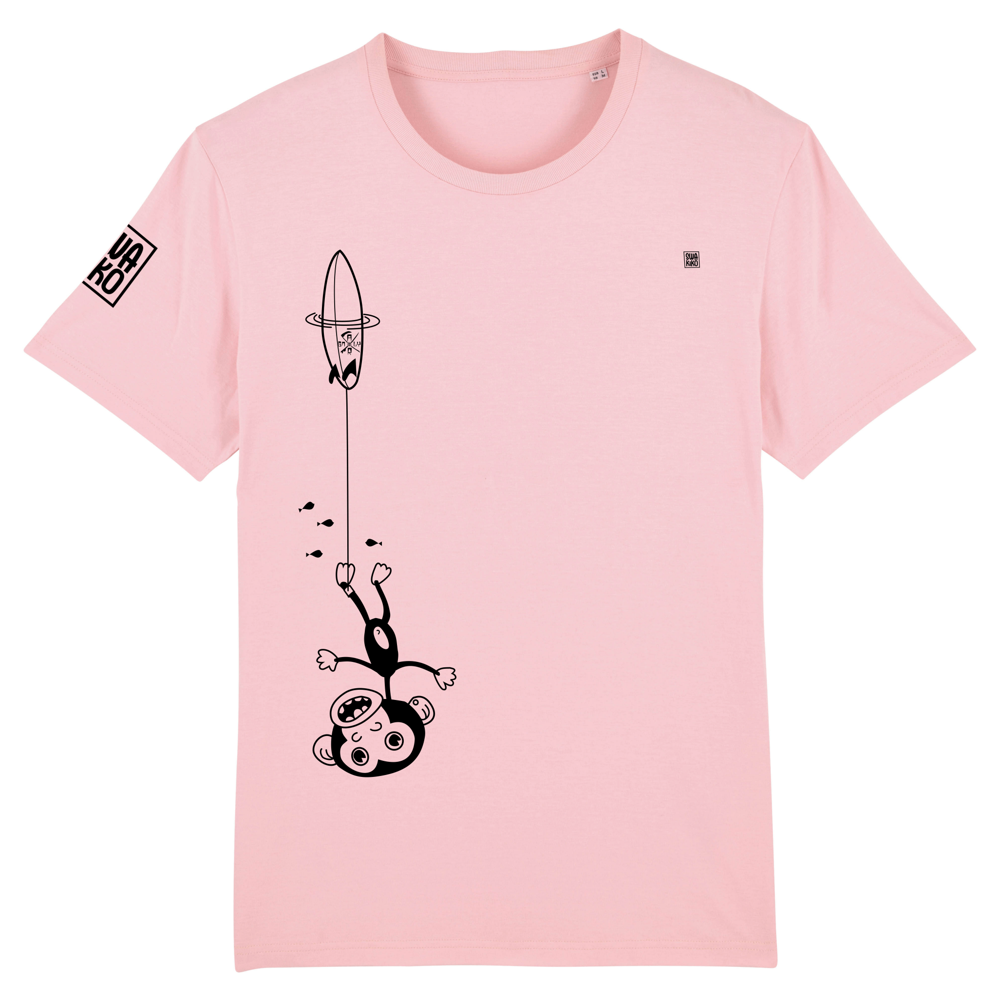 Grappig roze surf T-shirt: Ondersteboven hangende aap aan surfboard, gepakt door golf - Hilarisch design 