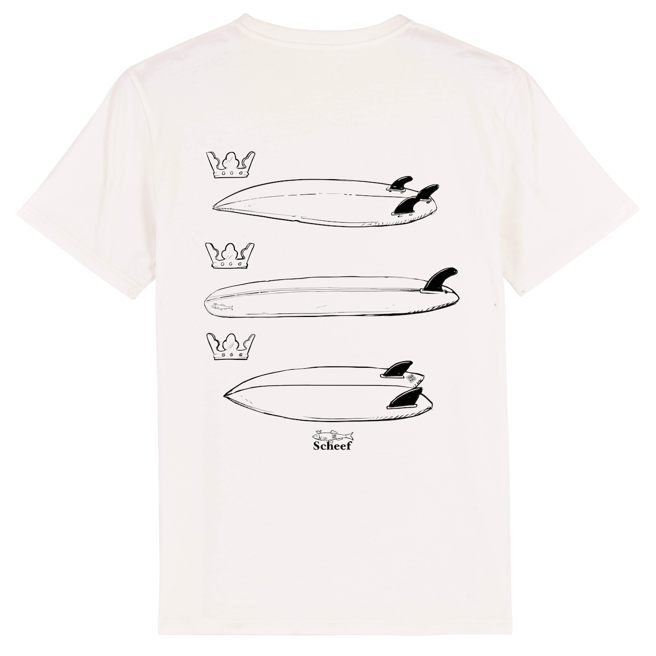Wit Surf stijl T-shirt met 3 surfboards als verwijzing naar het wapen van Scheveningen,