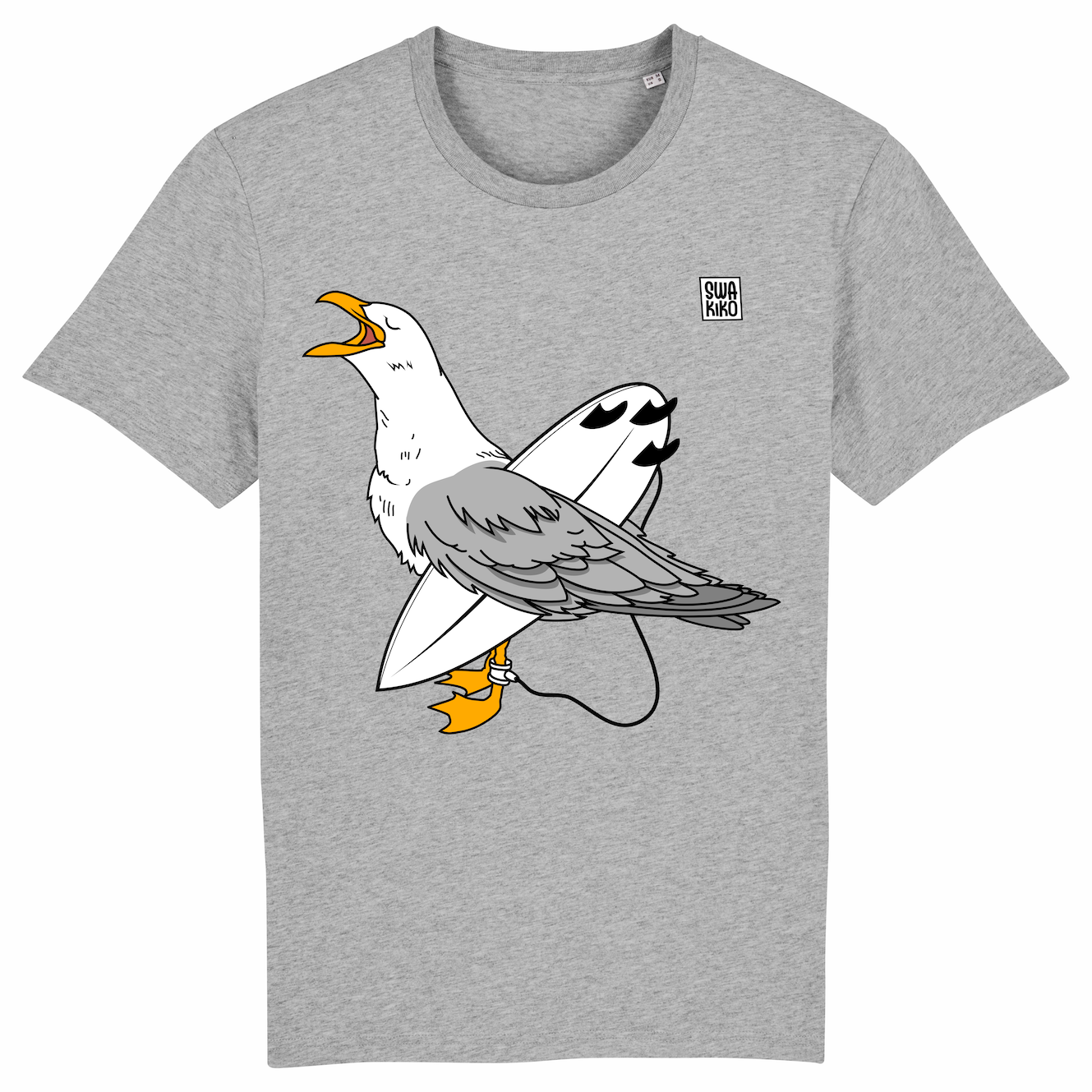 Grijs T-shirt: Zeemeeuw met surfboard onder de vleugel, wachtend op de perfecte golf - Artistiek design