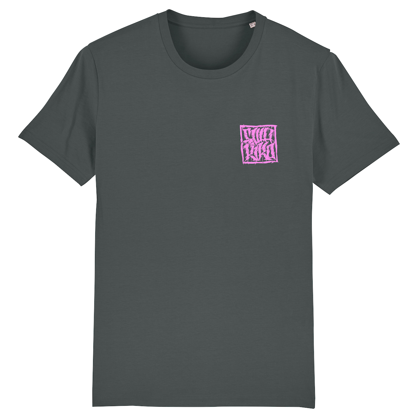 Voorkant van een antraciet T-shirt met roze SWAKiKO logo