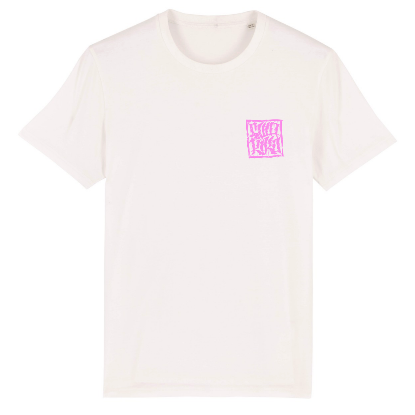 Voorkant van een wit T-shirt met roze SWAKiKO logo