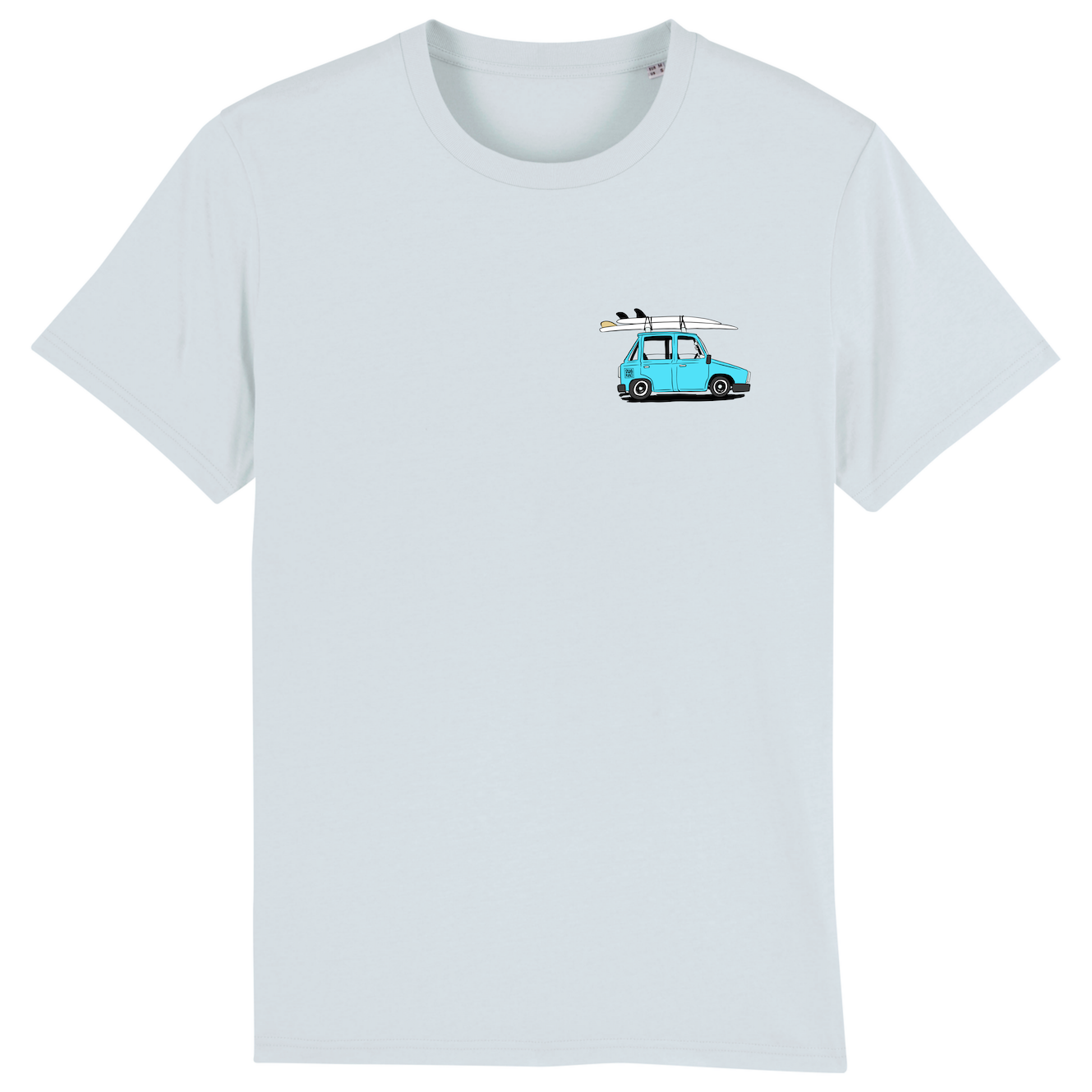 Turquoise T-shirt met borstprint van een auto met Swakiko sticker en twee surfbaords op het dak en 