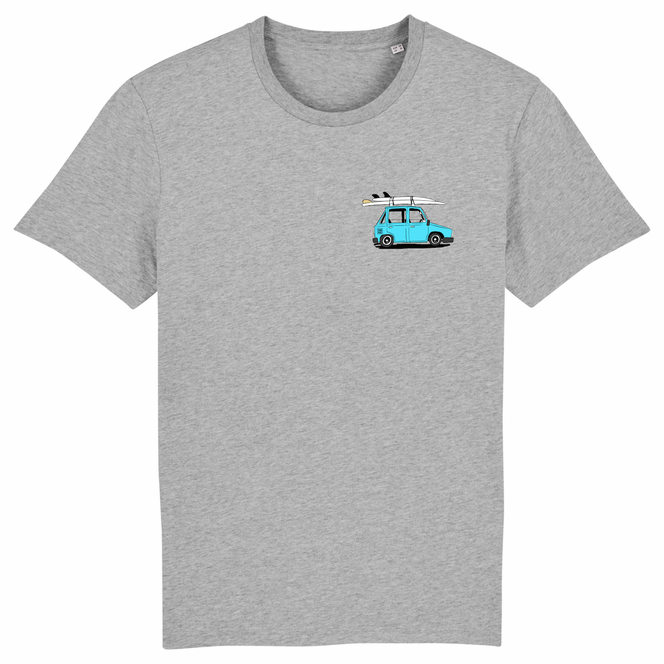 Grijs T-shirt met borstprint van een auto met Swakiko sticker en twee surfbaords op het dak en 